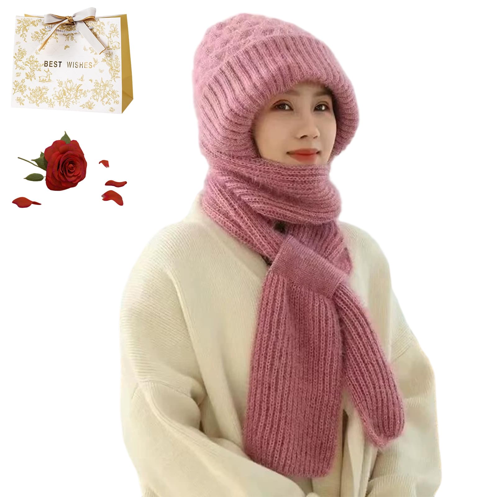 Fjaldjfu Women's 1Pc-D Winter Versatile Knitted Hooded Scarf For Hooded Scarf 2 In 1 Integrated Ear Protection Windproof Hats And Scarves, All In One Hat And Scarfs, Double The Warmth (1Pc-D)
