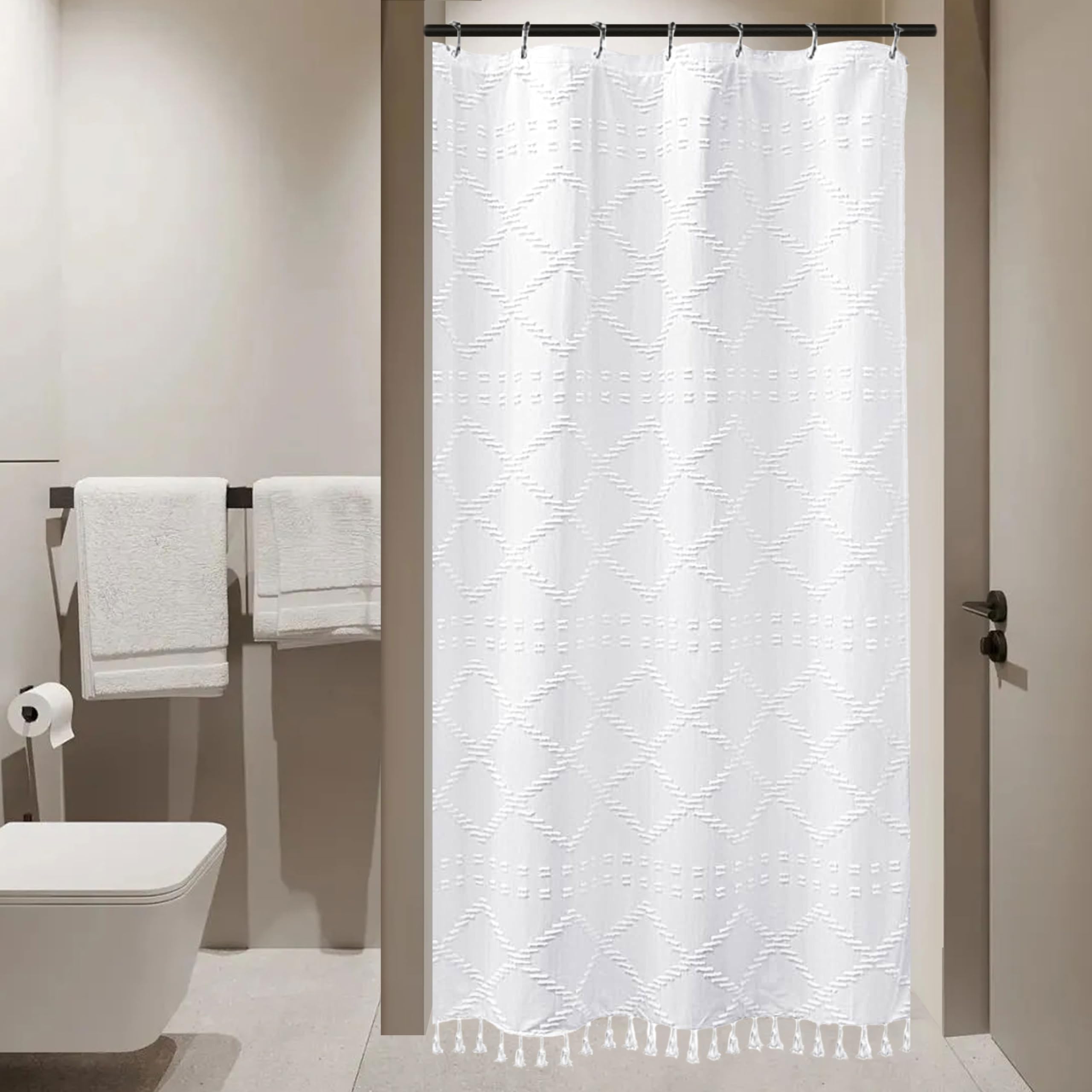 Tenda Da Doccia Boho In Tessuto Crema 183x183 Cm - Trapuntata A Zigzag Con Nappe E Ganci Inclusi, Moderna Per Bagno - 2