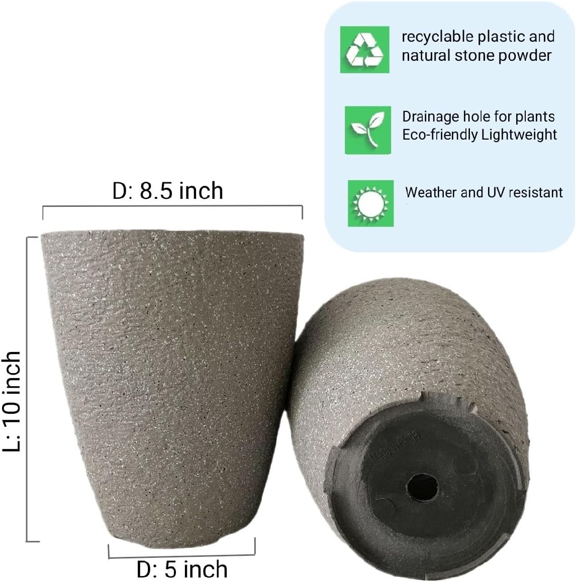 10 inch Garden Planter Lightweight Indoor Outdoor Pots with Drainage Hole for Potted Plants Flowers Greenery, Set of 2 (Speckled Grey)