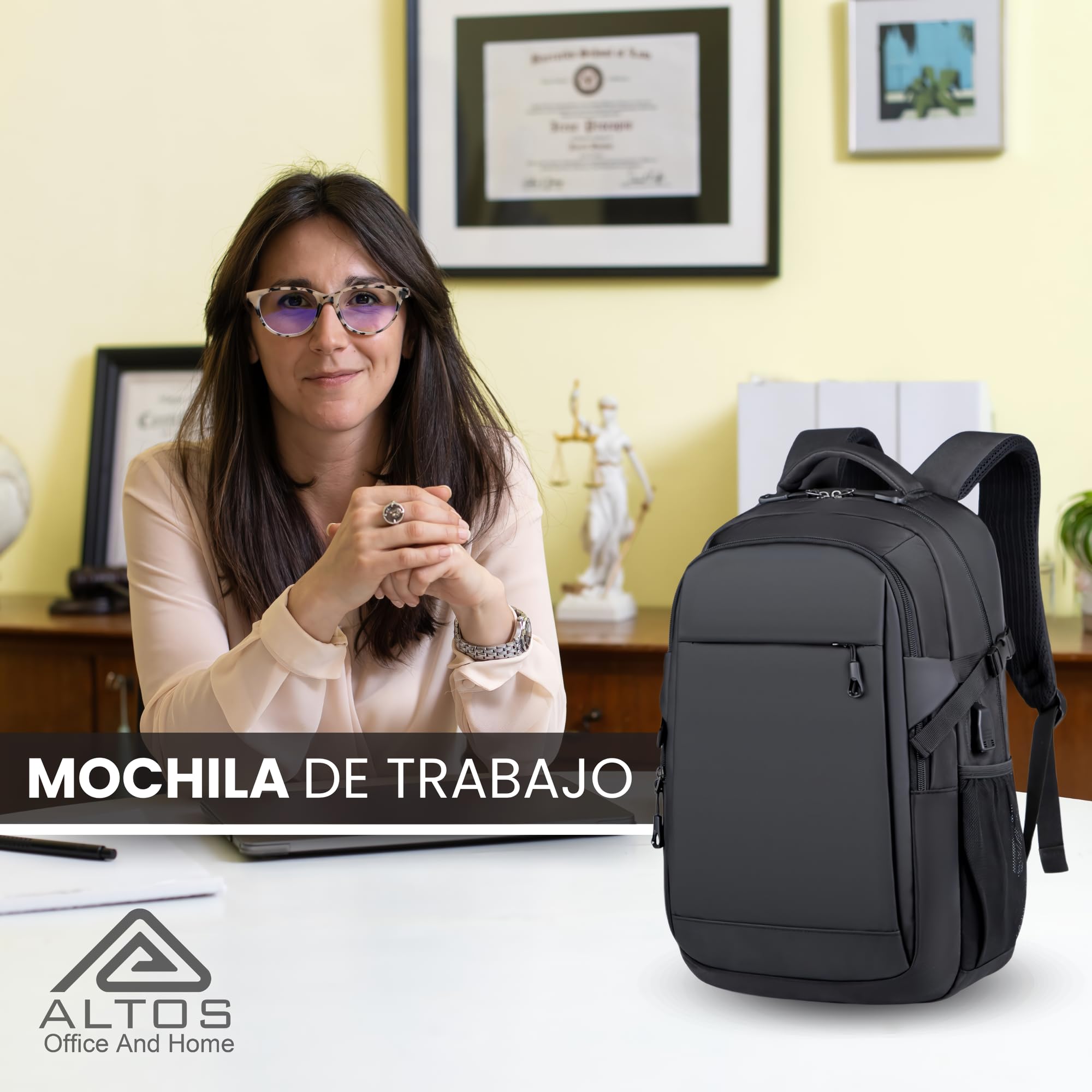 ALTOS OFFICE AND HOME Mochila para Portátil de 15,6 Pulgadas con Conexión USB, Impermeable, Protección contra Robo, para Viajes de Negocios, Estudio y Senderismo, Color Negro