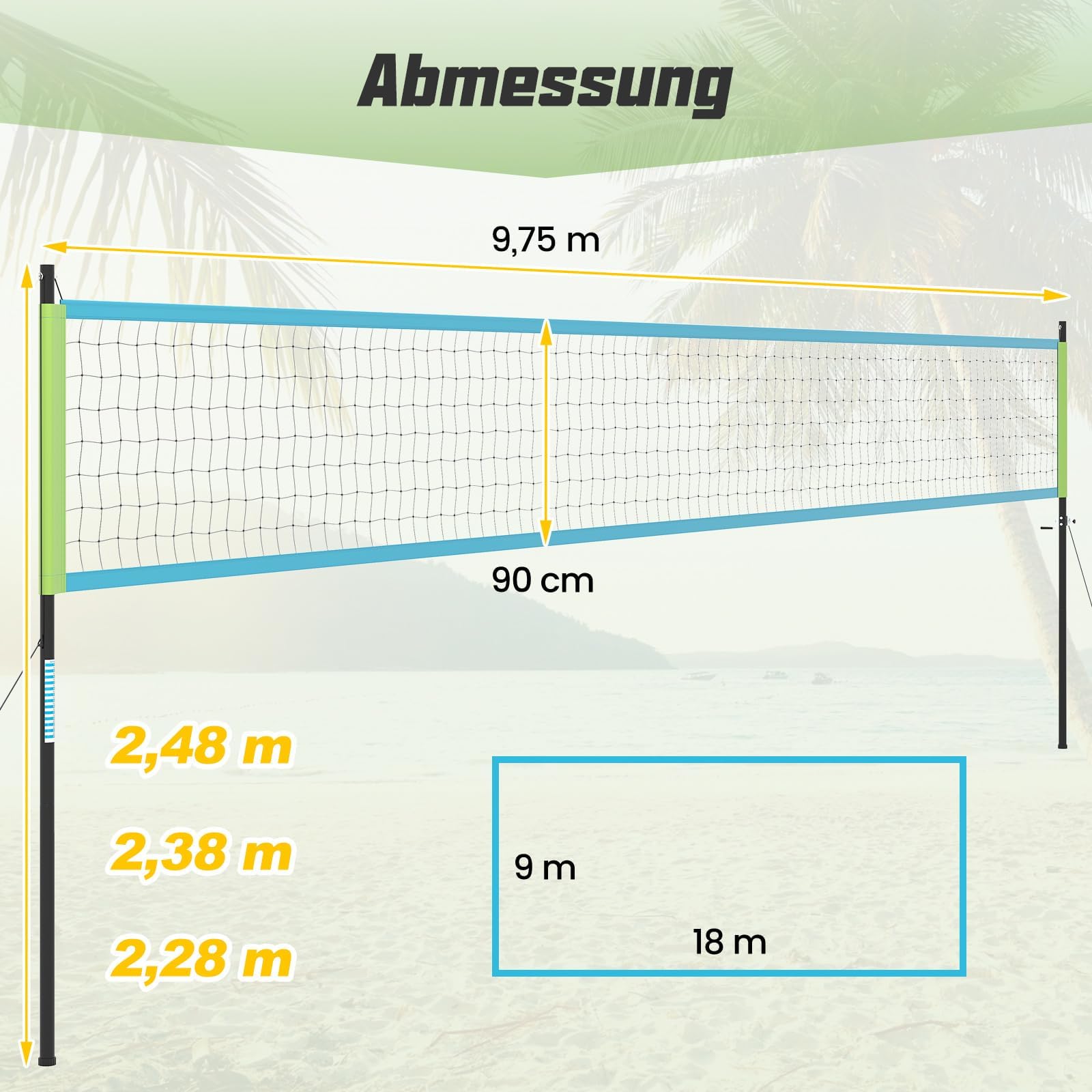 COSTWAY Volleyballnetz für Garten, Beachvolleyball Netz Outdoor 3 stufig höhenverstellbar, 9,5 x 1 m Volleyball Netz tragbar mit Volleyball & Tragetasche, Badmintonnetz für Strand, Hinterhof