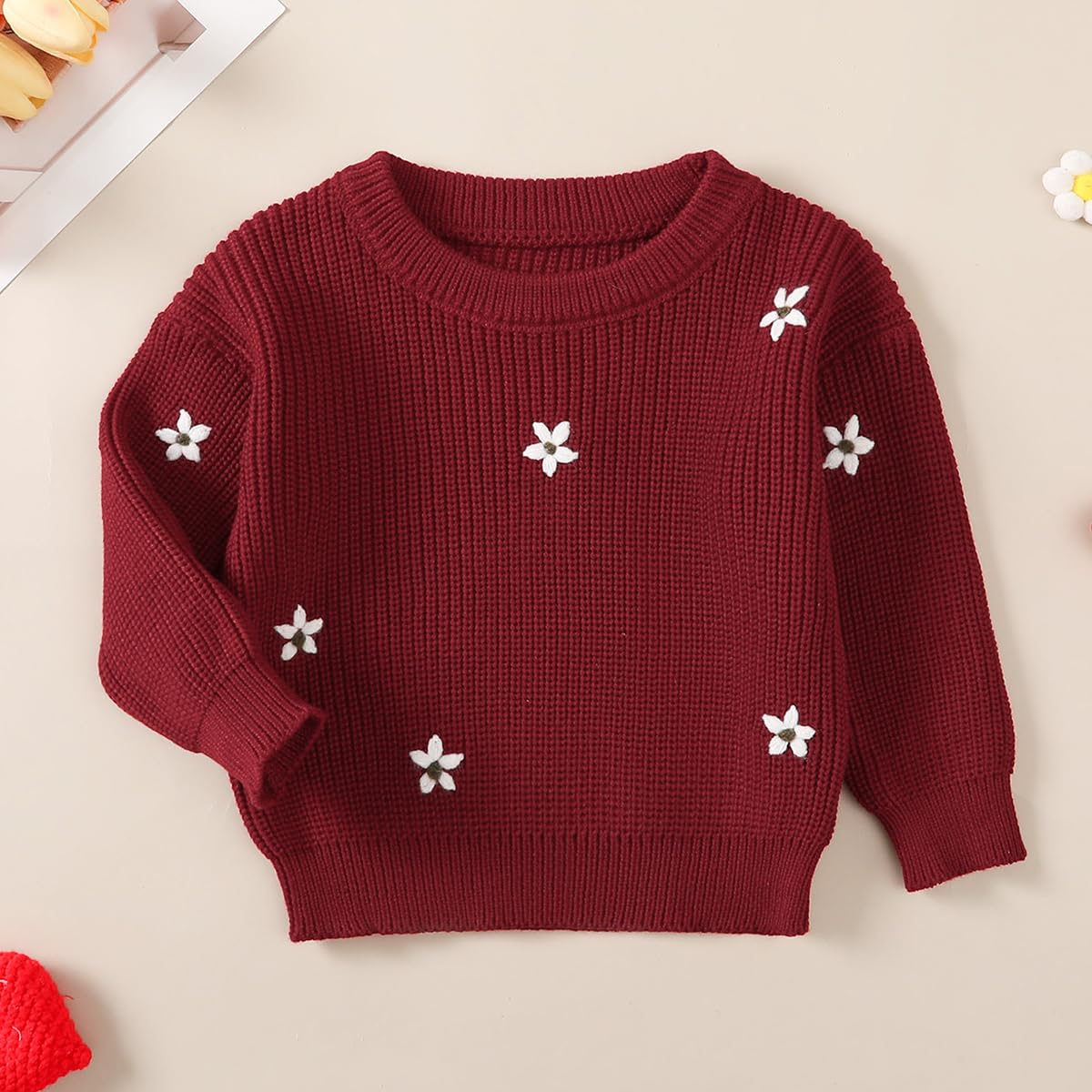 Suéter de Punto con Bordado Floral para Niñas Pequeñas Manga Larga Caliente Sudadera Pullover de Punto Cálida Jersey Ropa para Otoño e Invierno