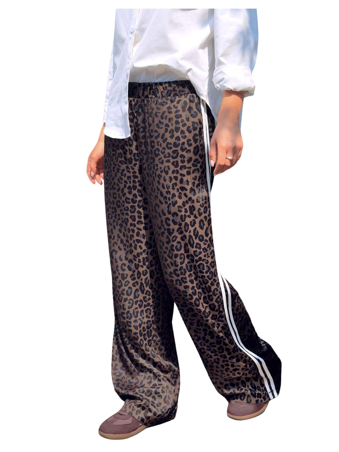 SHENHE Womens Wide Leg Leopard Pants Y2k Side Stripe Elastic Waist Cheetah Print Travel Pants