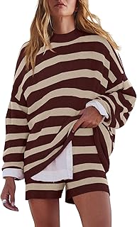 LAMISSCHE Womens Oversized Lounge Sets 2 Piece Outfits Striped Matching Pajama Set Long Sleeve Sweater Set