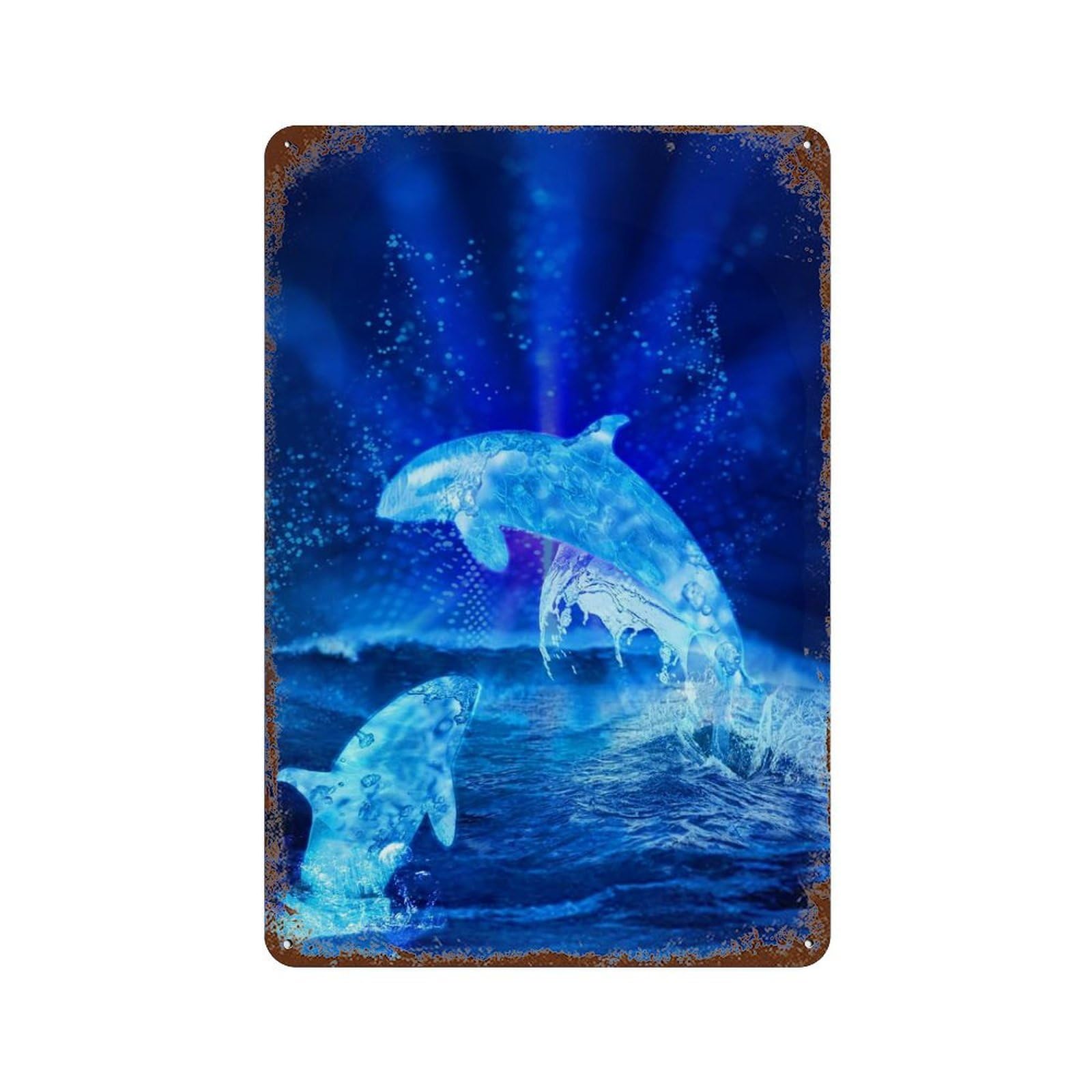 Garage Style Water Blue Dolphins Weathered Tin Sign 11.8"x7.9", Shabby Chic Decor for Bar And Workshop
