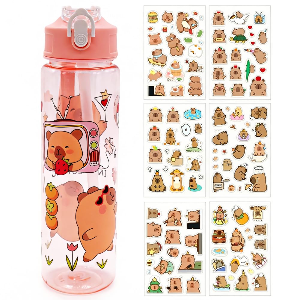 KMFASVX 800ml Capybara Water Bottle with Capybara Sticker Set, Reusable PP Drinking Bottle with Leak-Proof Straw Lid, Portable with Carry Strap for Office, Outdoor & Travel (Pink)