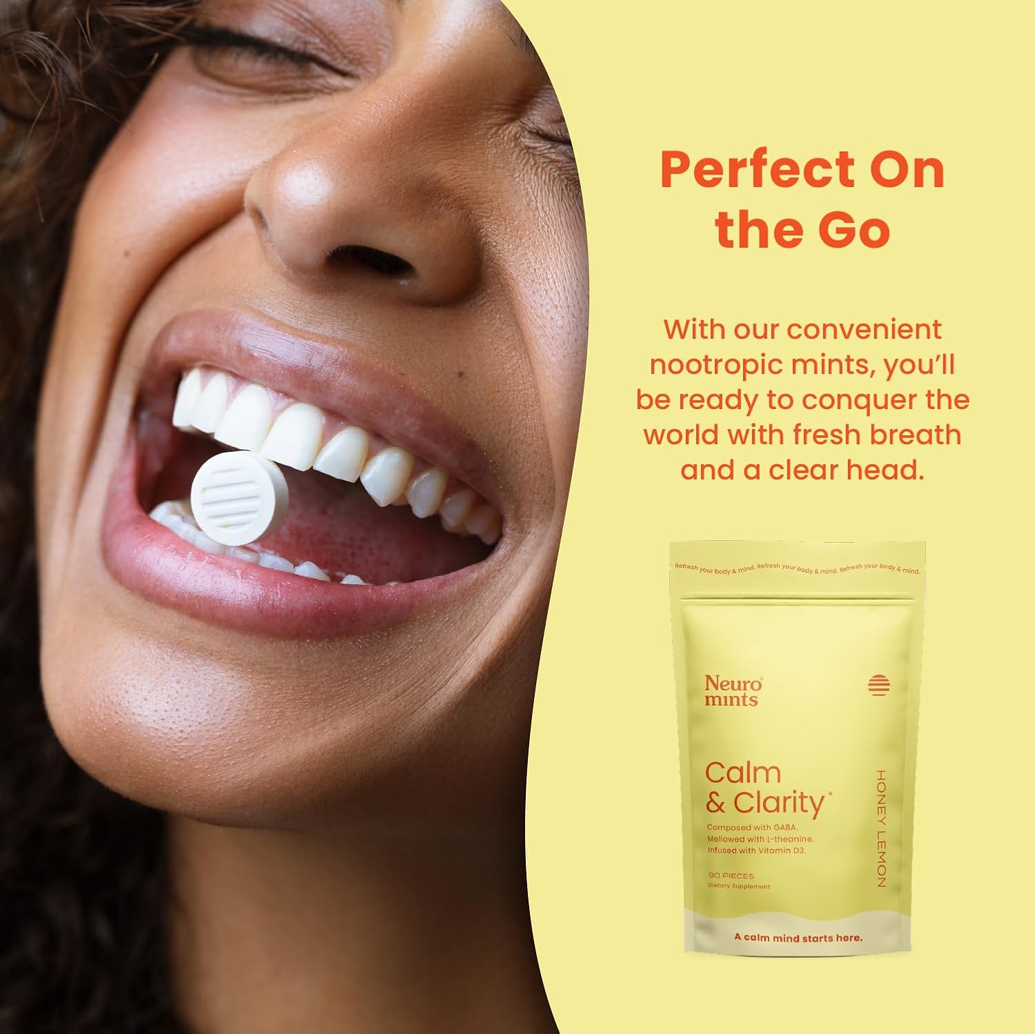 Neuro Calm & Clarity Mints - GABA L-Theanine Stress Supplement with Vitamin D3 - Non-Drowsy, Functional Calming Mints for Mood, Mental Clarity & Cognitive Function - Honey Lemon, 90 ct