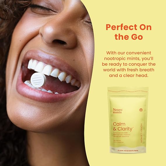 Neuro Calm & Clarity Mints - GABA L-Theanine Stress Supplement with Vitamin D3 - Non-Drowsy, Functional Calming Mints for Mood, Mental Clarity & Cognitive Function - Honey Lemon, 90 ct