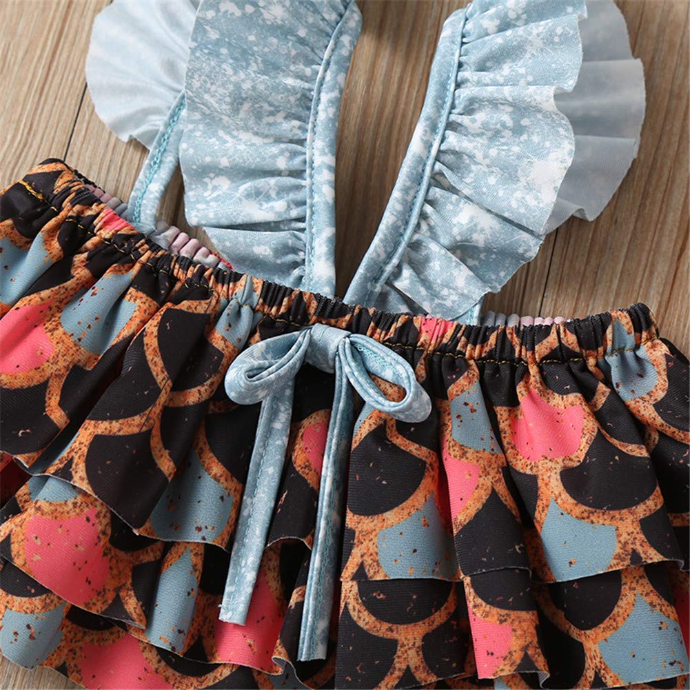 2Pcs/Set Toddler Kid Baby Girls Mermaid Swimsuits Halter Swimwear Ruffled Beachwear Bathing Suit Bikini Set 1-5Y (Black+Blue, 18-24M)