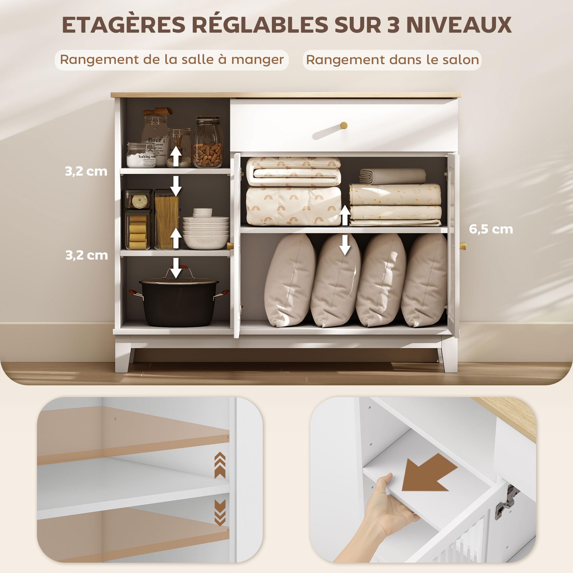 HOMCOM Buffet Salon Meuble de Rangement Placard 100 x 35 x 80,3 cm Blanc