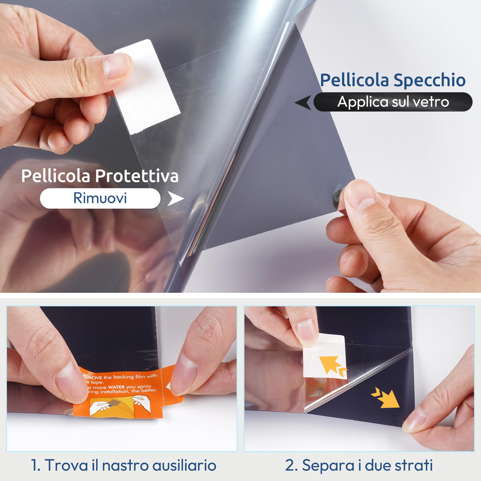 rabbitgoo Pellicola Specchio per Vetri Finestre Privacy con Kit di Installazione, Adesivo Statico, Pellicola Specchio Anti Sole Anti UV Controllo del Calore per Casa Ufficio, 90x400cm, Nero Argento