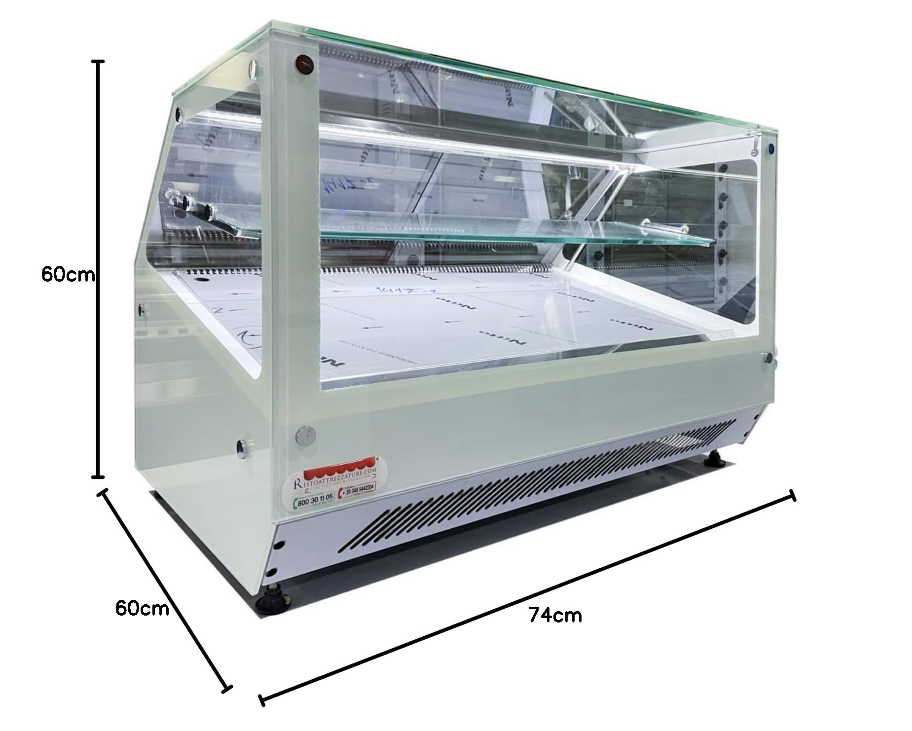 RISTOATTREZZATURE - Vetrina frigo 74x60x60h cm refrigerata da banco a due piani bianca con vetri dritti motore incorporato e piano liscio