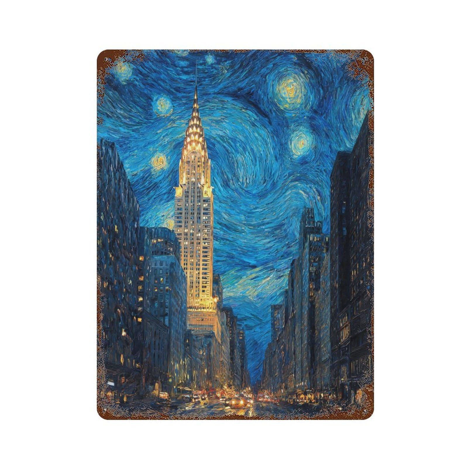 Rust Effect New York City Skyline at Night -2 Rustic Tin Plaque 15.7"x11.8", Classic Wall Plaque for Shed, Workshop And Garage Wall Decor