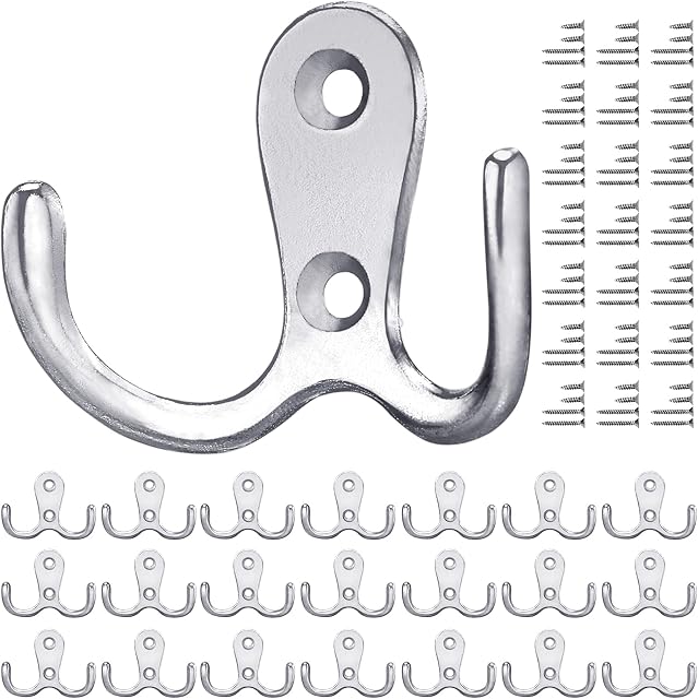 Gorffy Door Hooks 20 Pcs, Double Coat Hooks with 80 Screws, Retro Silver Coat Hooks for Door & Wall, Heavy Duty Metal Door Hooks Screw in for Hanging Robe, Towel, Coat, Bag & Hat (Silver, 20 Pcs)