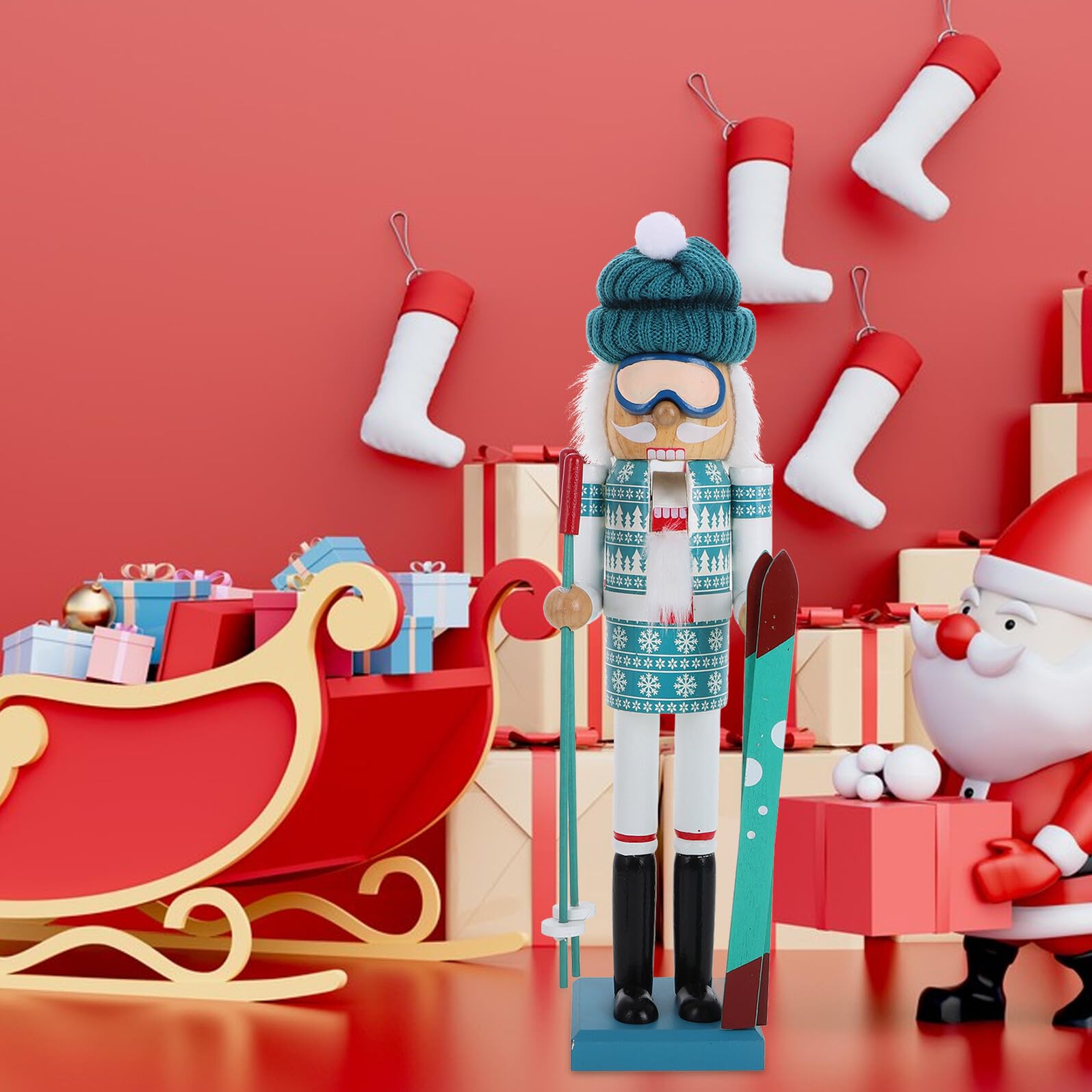 Baluue Holz Weihnachtsmannfigur Ski Fahrend Dekorative Puppenfiguren für Tisch Weihnachtsdekorationen für Zuhause und Garten