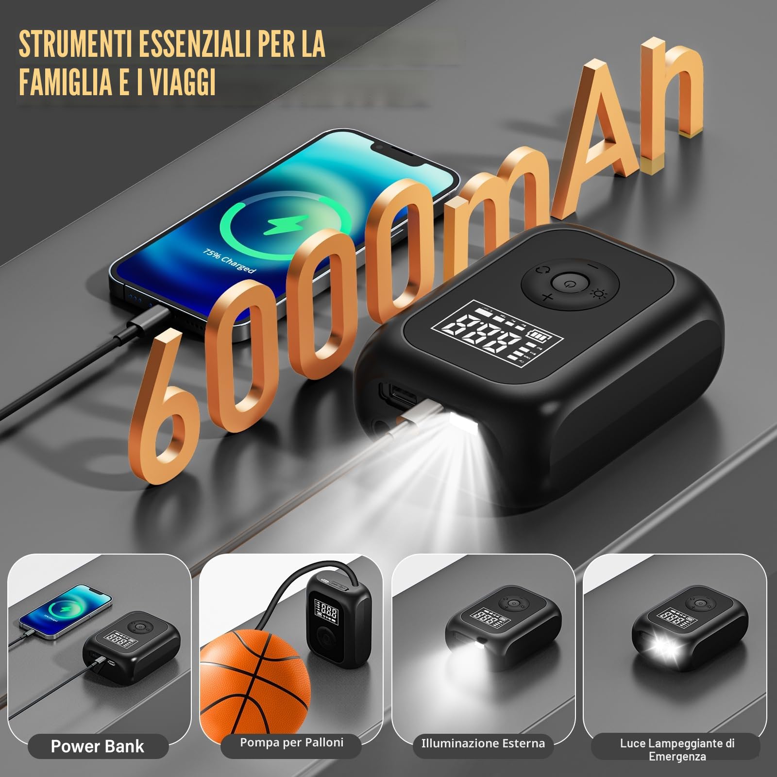 Onherm Compressore Aria Portatile, 6000mAh Pompa Bicicletta Elettrica 10,3 Bar/150PSI, Mini Compressore Portatile con Luce LED per Auto, Bici, Moto, Scooter, Pallone (Nero)