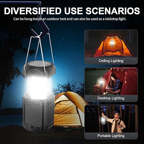 Miniatura 6 de Paquete de 2 faroles de camping de 5000 mAh con manivela solar telescópica LED cargador USB para cortes de energía, lámpara portátil recargable con