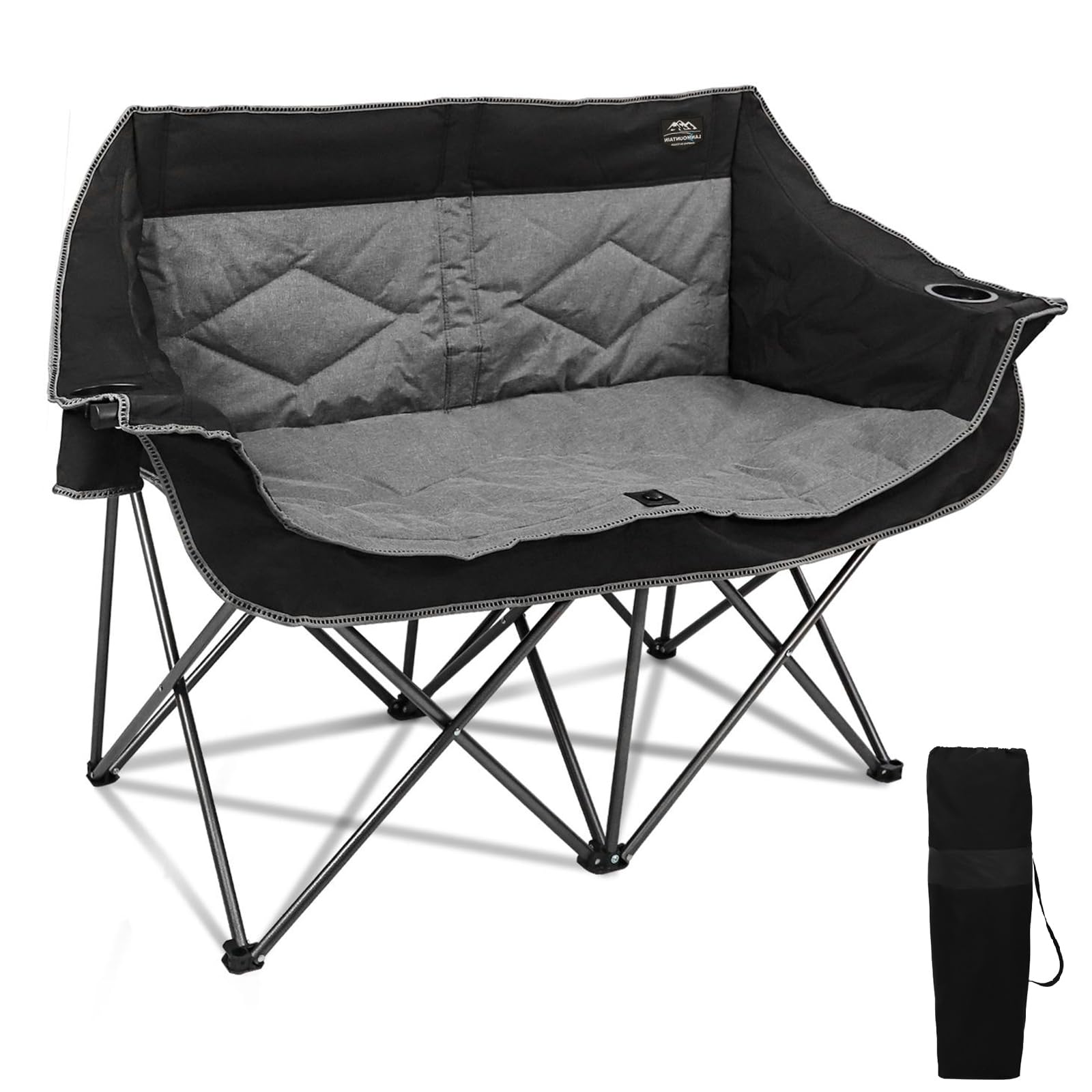 LANMOUNTAIN Folding Loveseat Camping Chair, Portable Double Chair w/Cup Holder,Wine Glass Holder,Carry Bag Heavy Duty Lawn Chair for 2 Adults,Perfect for Camp,Hiking,Picnics and Beach Trips,Black