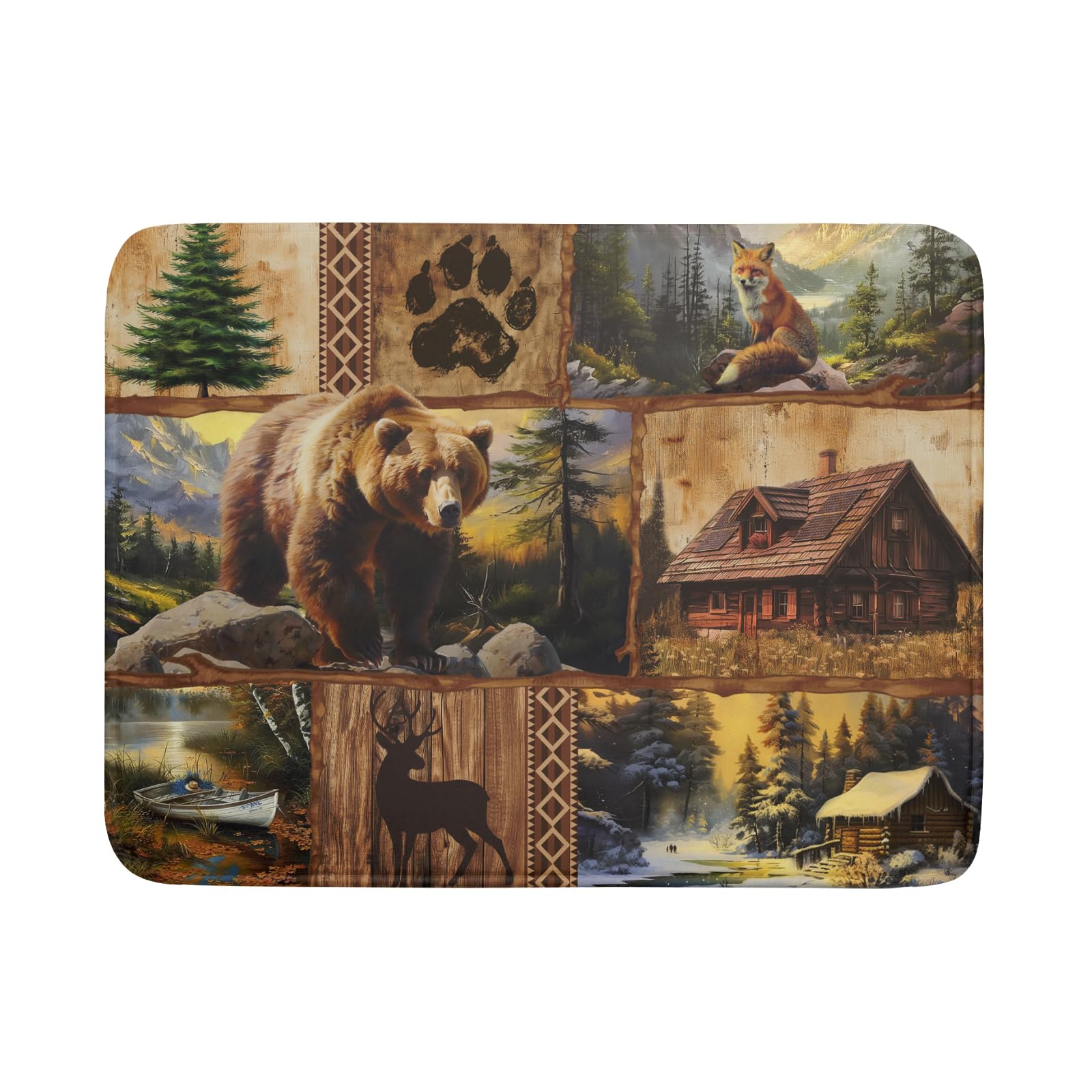 Bear Deer Fox Dish Drying Mat Rustic Cabin Lodge Dish Drainer Mats 18x24 Inch Absorbent Washable Dishes Rack Pad for Sink Kitchen Counter
