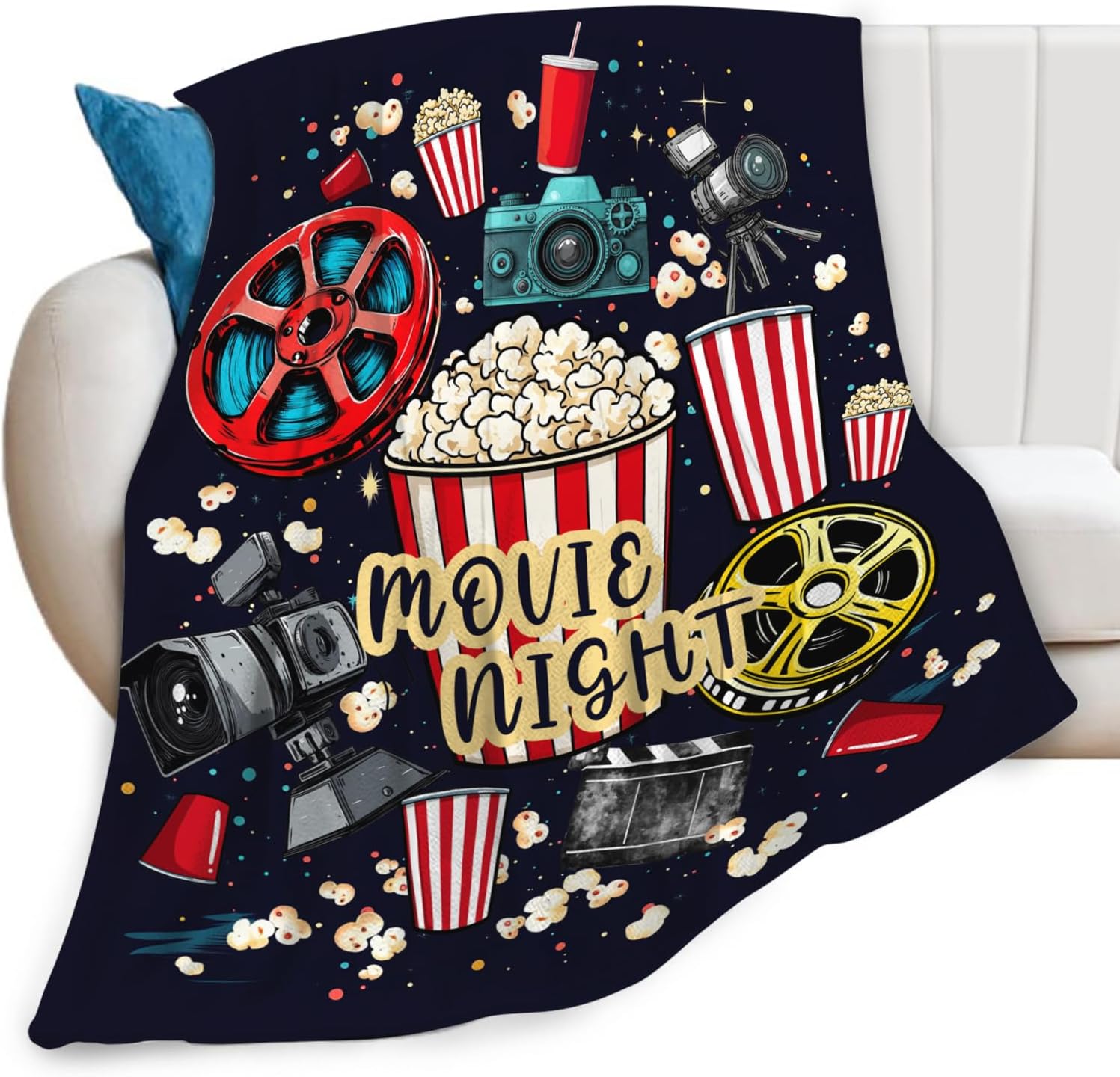 Movie Night Blanket for Boys Girls Flannel Movie Popcorn Theater Throw Blanket Ultra Soft Cozy Decor Fleece Blankets Gift for Mens Couch Sofa Bed 60" x 50"