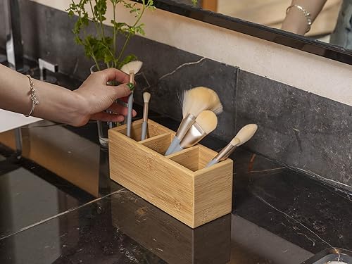 Miniatura 9 de PELYN Organizador de brochas de maquillaje para tocador, organizador de cepillos de pelo para encimera de baño, bambú