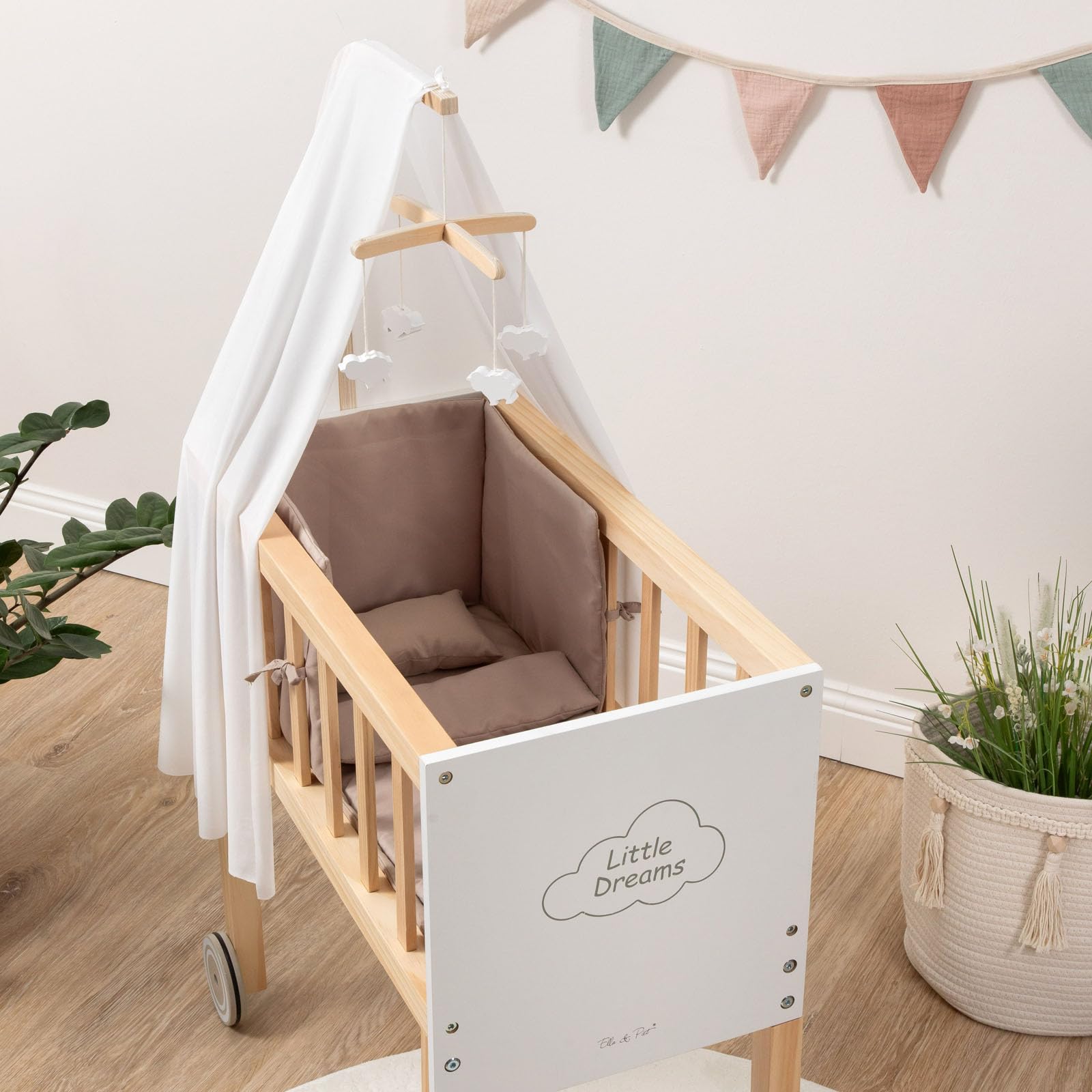 ELLA & PIET® Großer Puppen-Stubenwagen Dreamy aus Holz mit Himmel (Weiß-Schlamm) Puppenwiege Puppenbett zum schieben mit Rollen