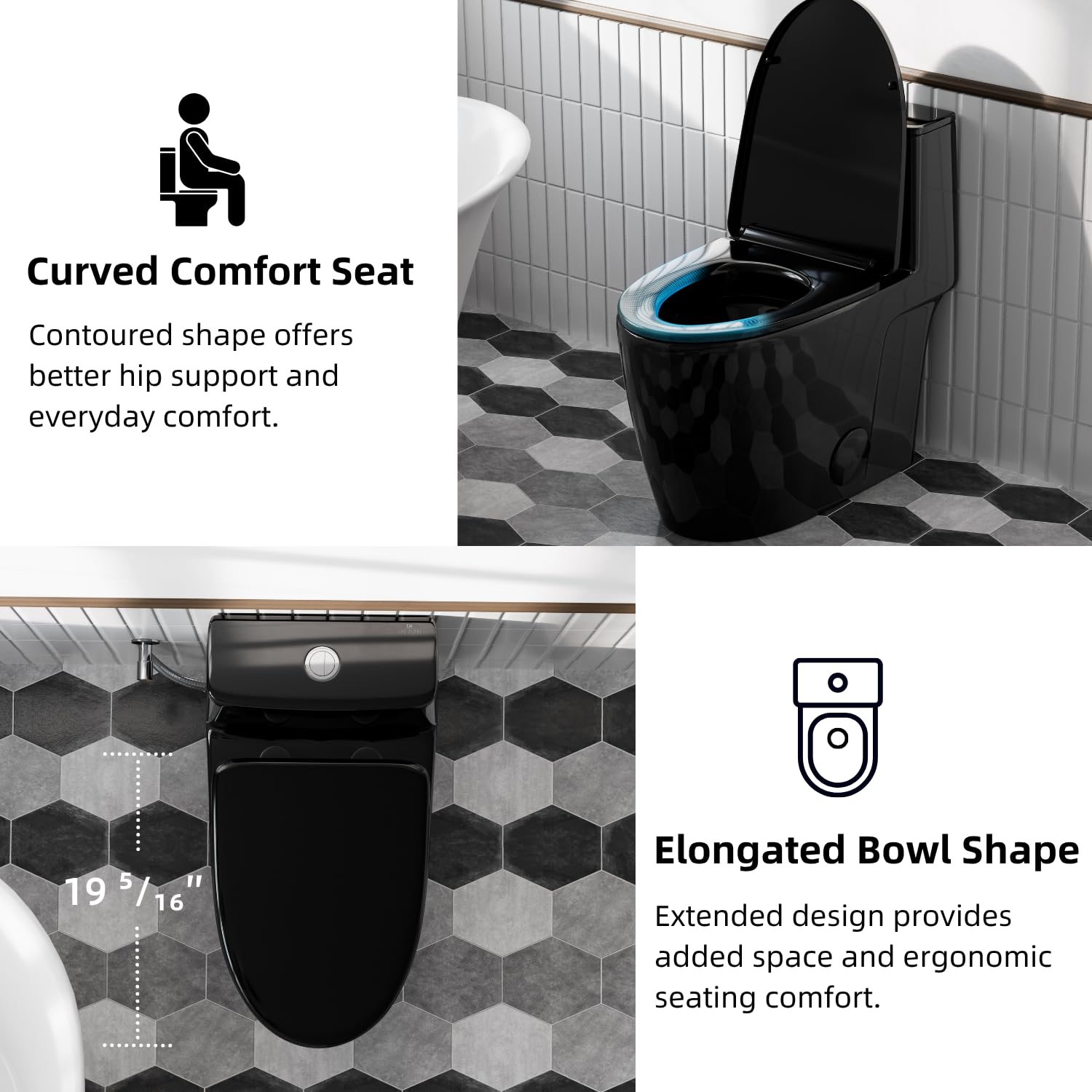 Inodoro negro con descarga de remolino sin borde, inodoros modernos y alargados de una pieza ADA de 17.3 pulgadas para baños, doble descarga de 1.0/1.28 GPF, altura de silla cómoda