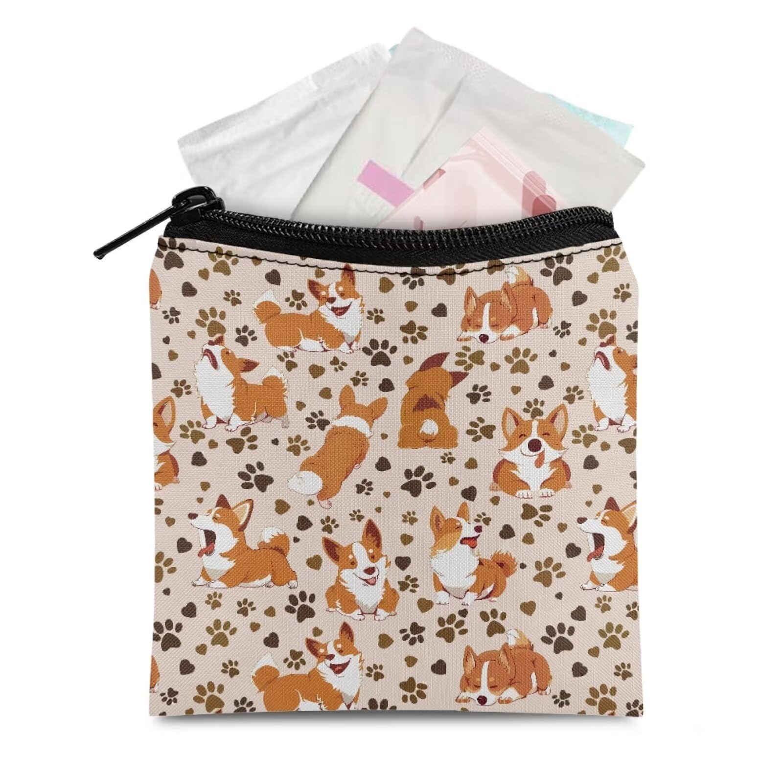 HUGS IDEA Funny Corgi Period Bag Sanitary Napkin Storage Bag Tampon Pad Holder for Purse Sanitary Pad Storage