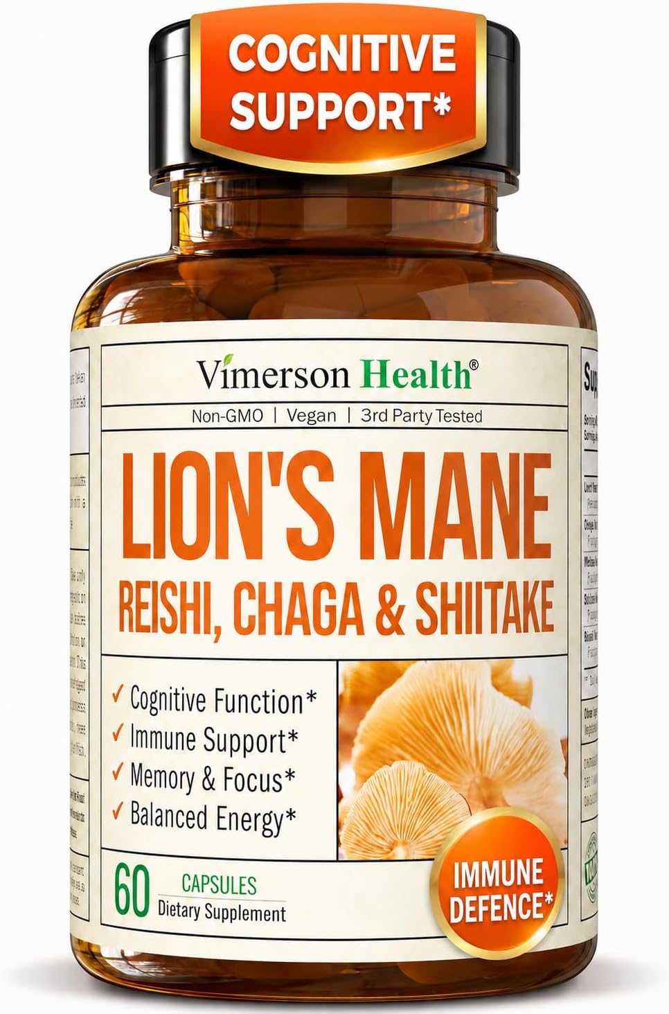 Lions Mane Supplement Capsules – Mushroom Powder Blend with Lions Mane Powder, Turkey Tail, Shiitake Mushrooms & More – Focus & Energy Supplements for Mood & Immune Support. Non-GMO. 60 Vegan Capsules