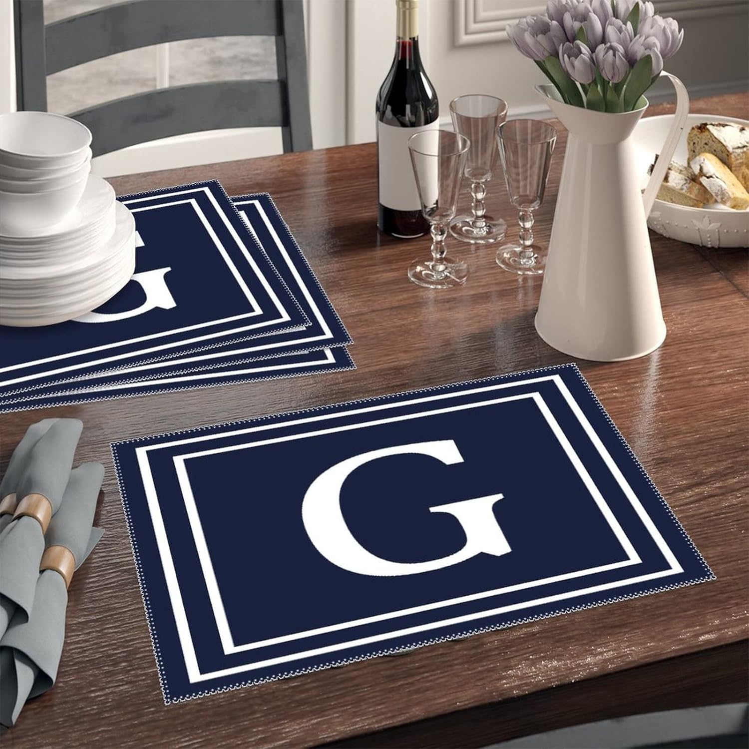 Place Mats Monogram Initial Letter G Table Decor for Dining Kitchen Banquet Polyester Table Mats Set of 6 Modern Outdoor Placemats Heat Resistant Washable Table Mats Non-Slip Stain Resistant Pad