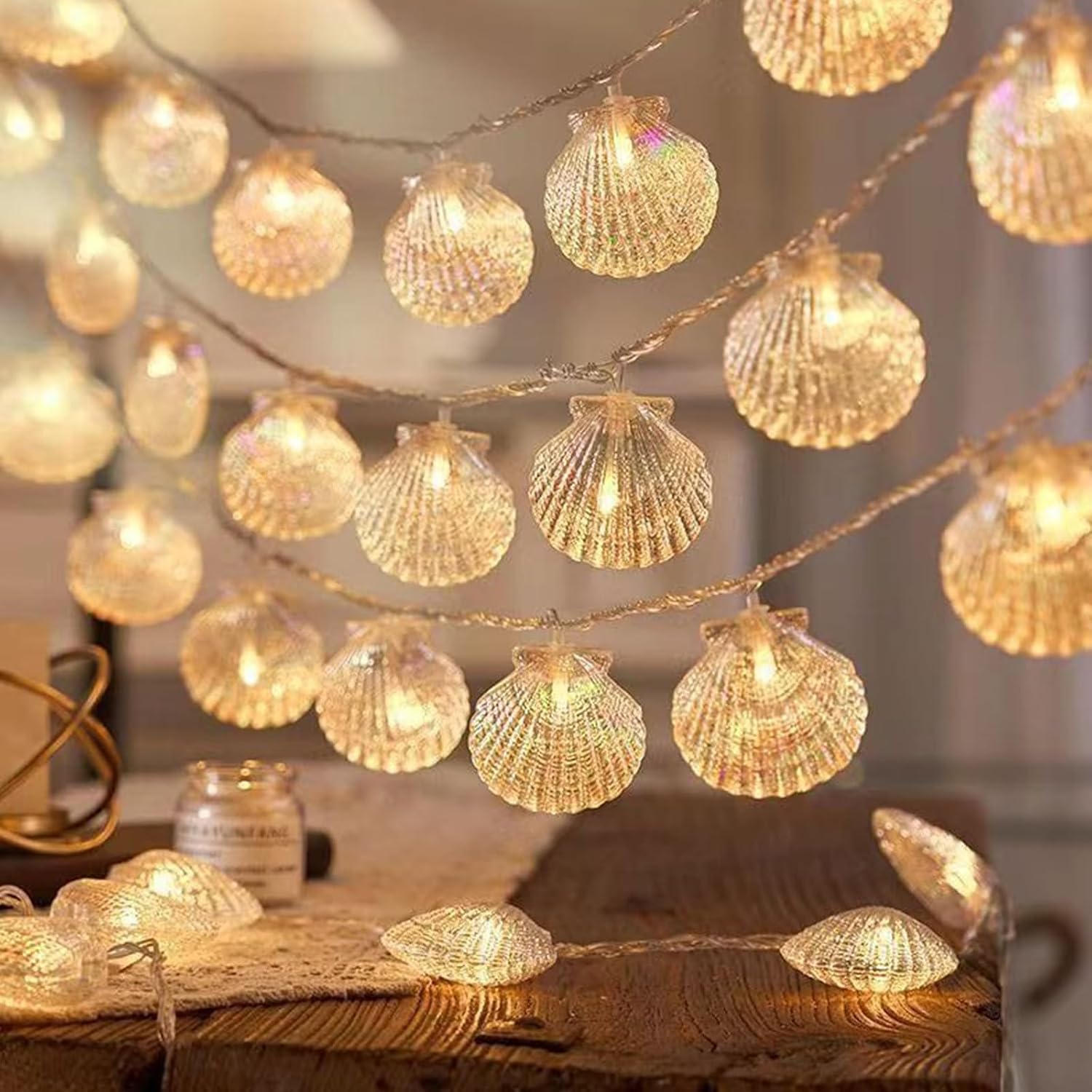 Natural Beach Shell String Light 9.8FT 20 LED Warm White LED Seashell Fairy Lights,Lights with Battery Operated， Ocean Theme Decor for Bedroom, Party, Wedding, Garden, Patio(Shell)