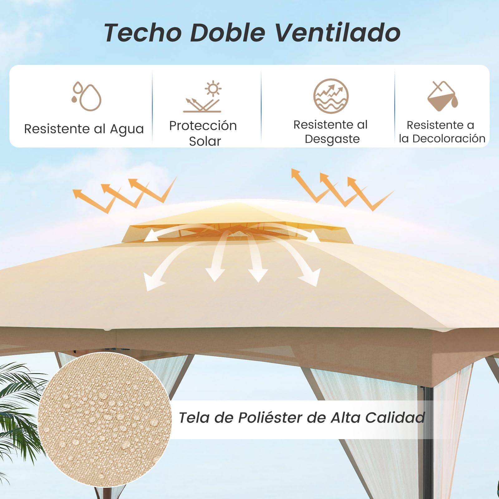 COSTWAY Carpa Plegable 3,65x3m, Pop up, Pergola de Jardin con Paredes de Malla, Dosel de Techo Doble, Puertas con Cremallera, Estructura de Metal, Cenador Pabellón Jardin Exterior (Caqui)
