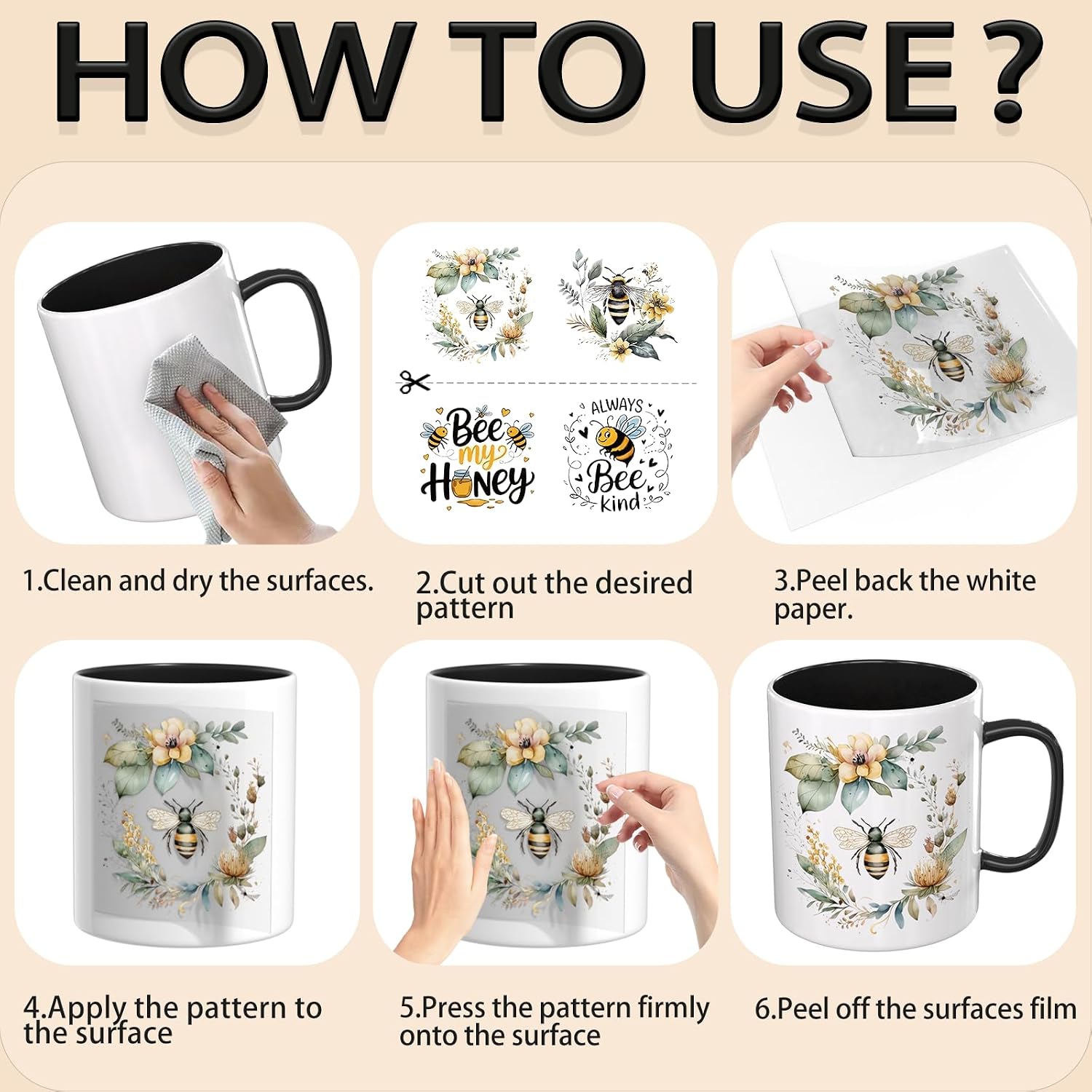 4 Sheets Rub on Transfers for Crafts, Bees Furniture Transfers for Wood, Glass, Plastic & Ceramics, Decorative Decals