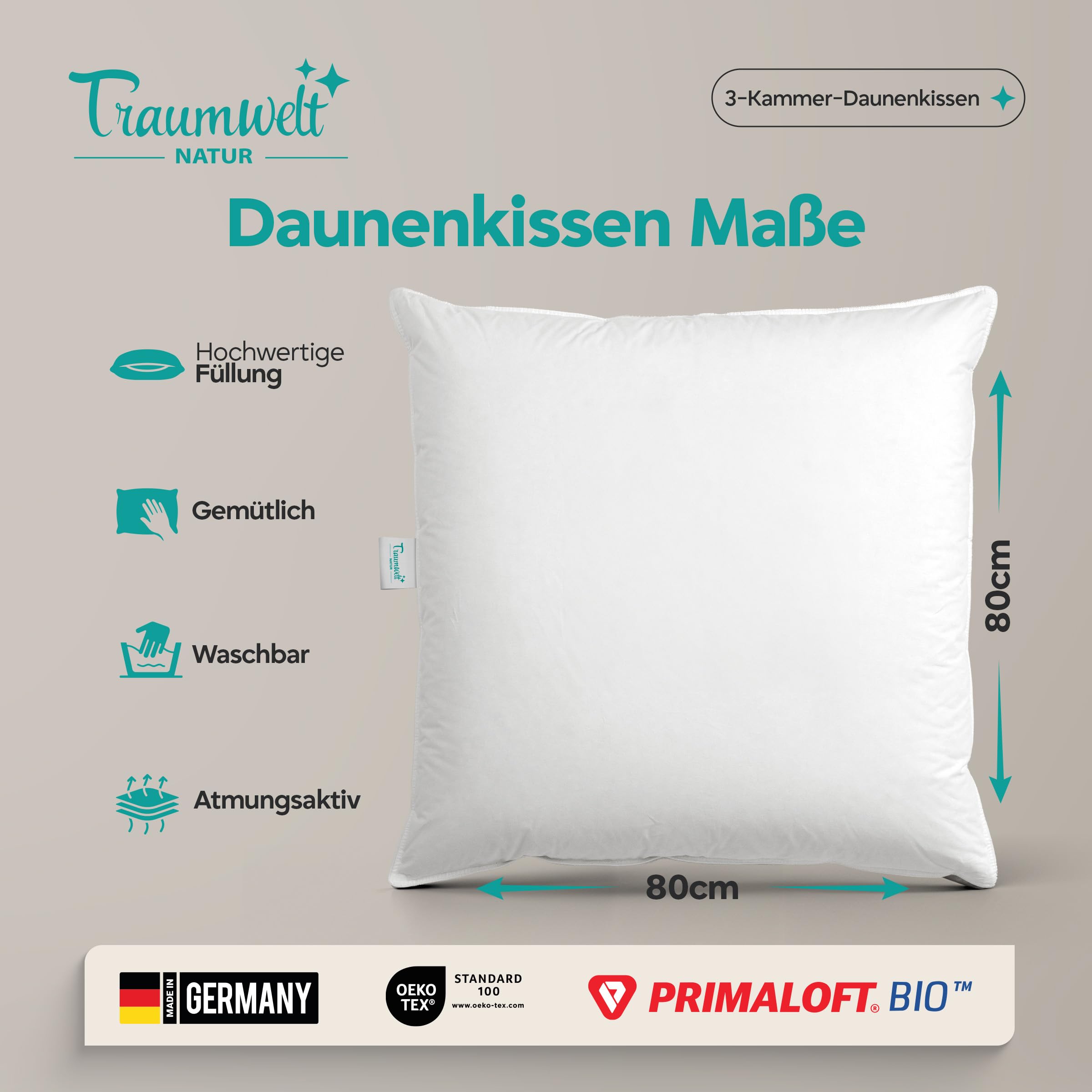 Made in Germany 3-Kammer-Daunenkissen 80x80 cm, höhenverstellbar mit Reißverschluss, außen 90% Daunen, innen Primaloft, Allergiker geeignet, Oeko-TEX Standard 100 Klasse 1