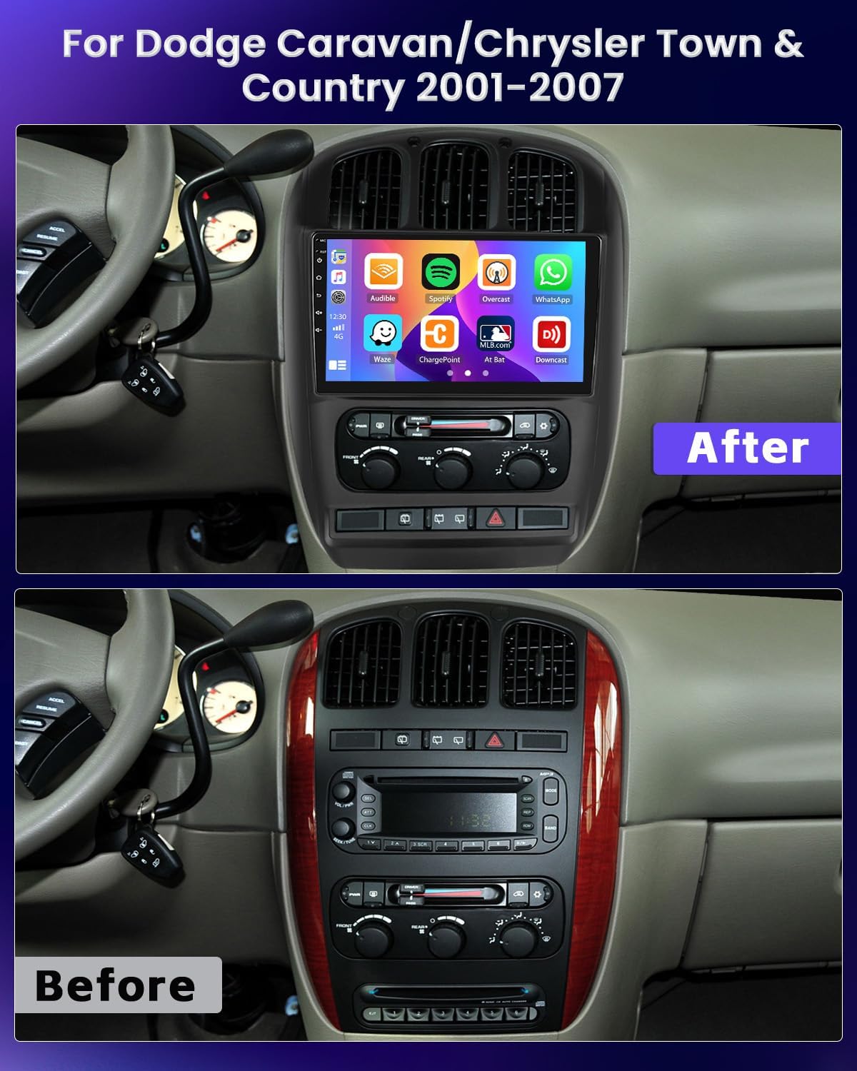 4Core 2+64GB Hikity Android Car Stereo for Chrysler Town & Country 2002-2007/Dodge Caravan 2002-2007, 10.1 Inch Touchscreen Radio Carplay Android Auto GPS Navigation WiFi Bluetooth FM EQ Backup Camera