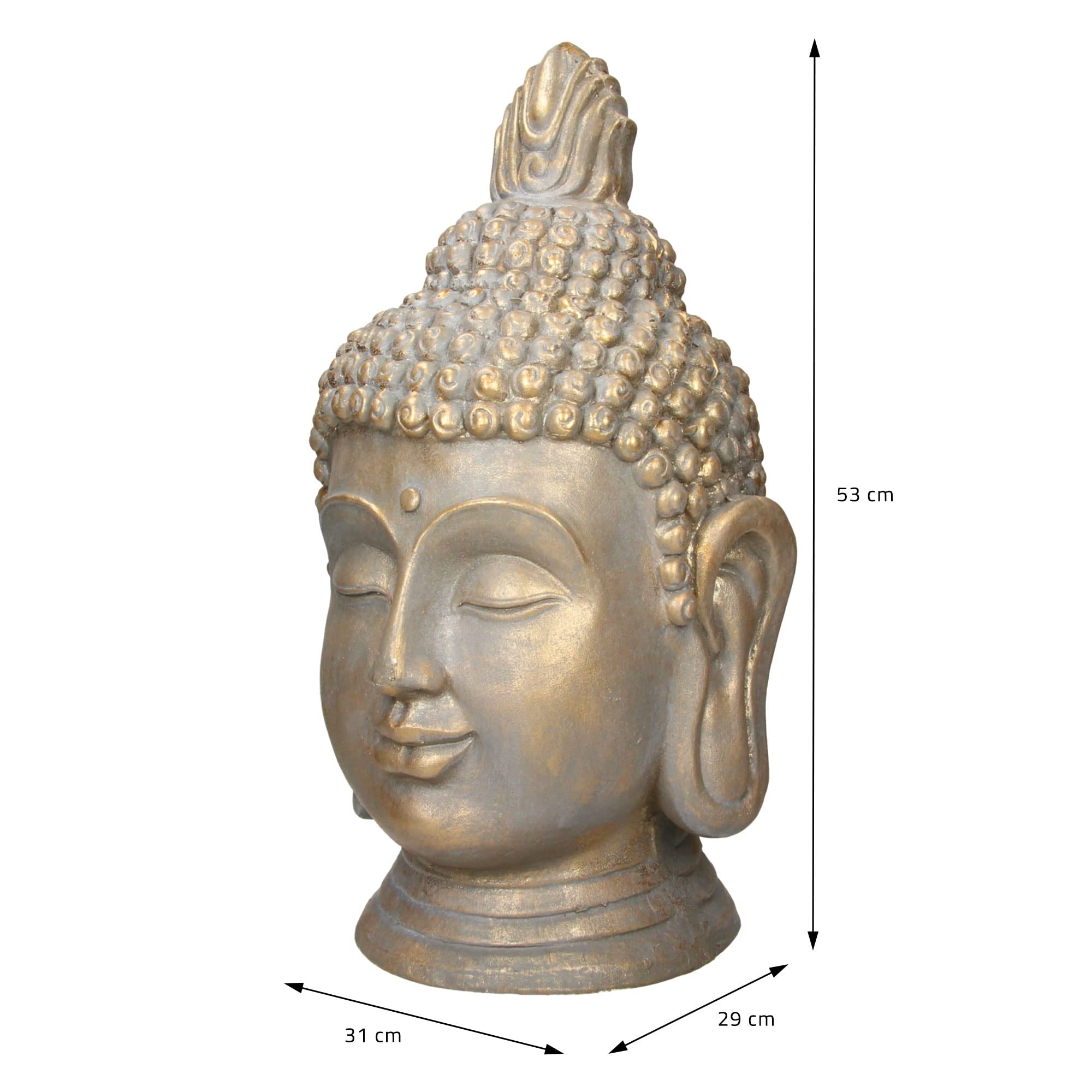 ECD Germany Statua Testa di Buddha 31 x 29 x 53 cm - in Poliresina - Aspetto Bronzo - per Yoga, Feng Shui o Meditazione - Casa o Giardino - Figura Decorativa Scultura Ornamentale da Interno/Esterno