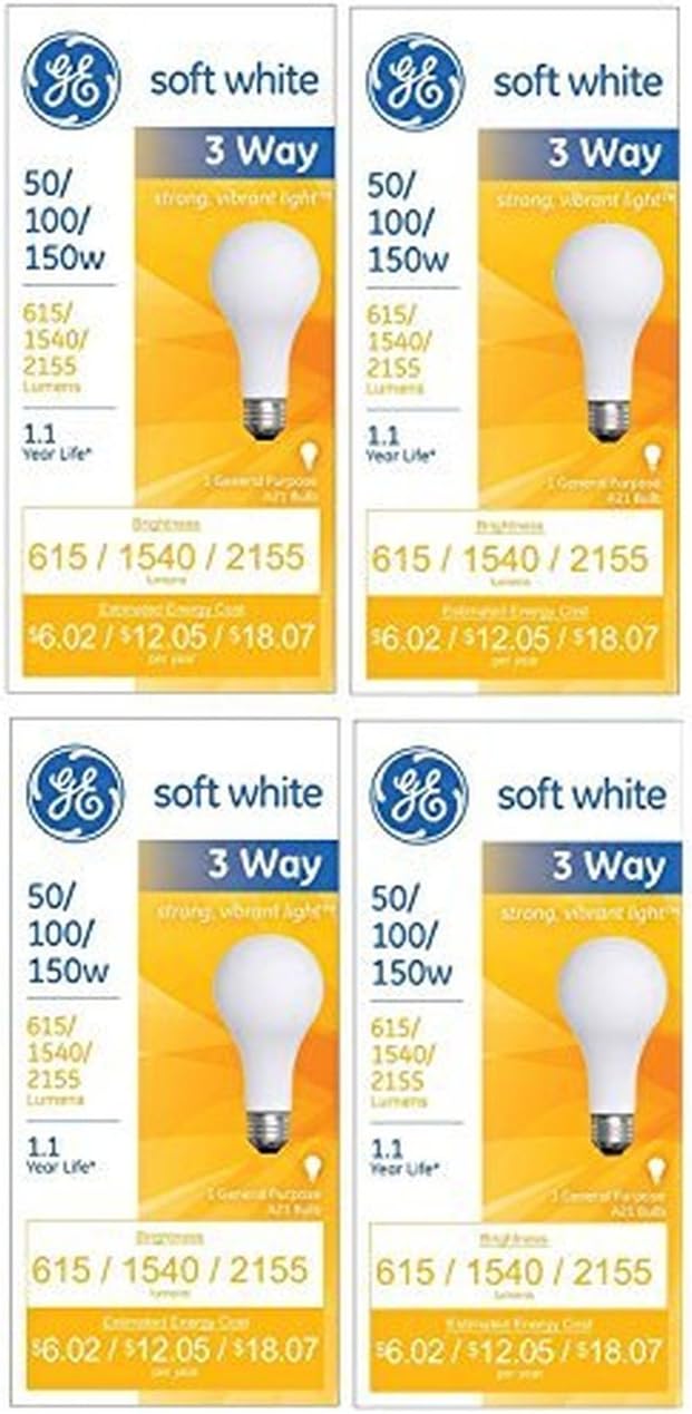 GE 97494 Lighting 50/100/150-Watt, 3-Way Light Bulb, Soft White, 4-Pack