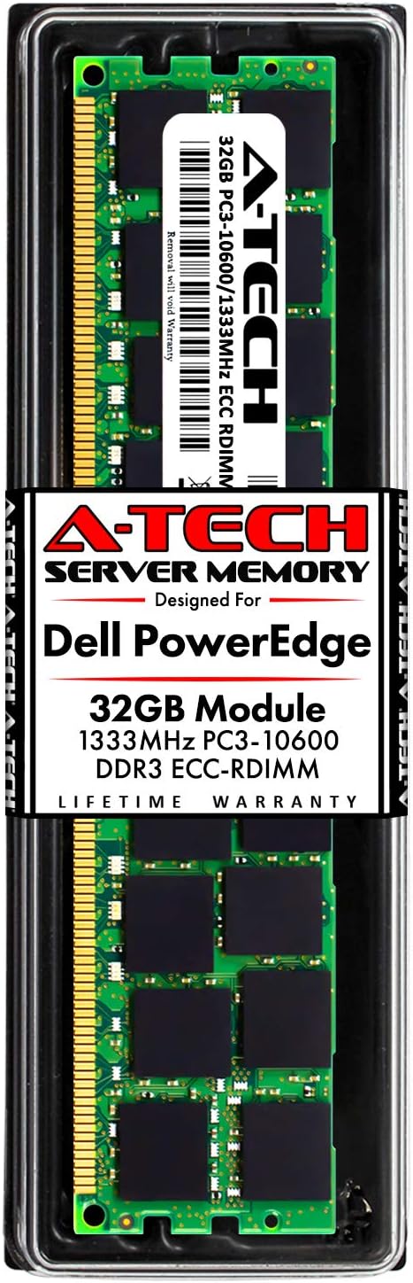 A-Tech 32GB RAM for Dell PowerEdge T320, T420, T620 Tower Servers | DDR3 1333MHz ECC-RDIMM PC3-10600 4Rx4 1.5V 240-Pin ECC Registered DIMM Server Memory Upgrade Module A-Tech 32GB RAM for Dell PowerEdge T320, T420, T620 Tower Servers | DDR3 1333MHz ECC-RDIMM PC3-10600 4Rx4 1.5V 240-Pin ECC Registered DIMM Server Memory Upgrade Module