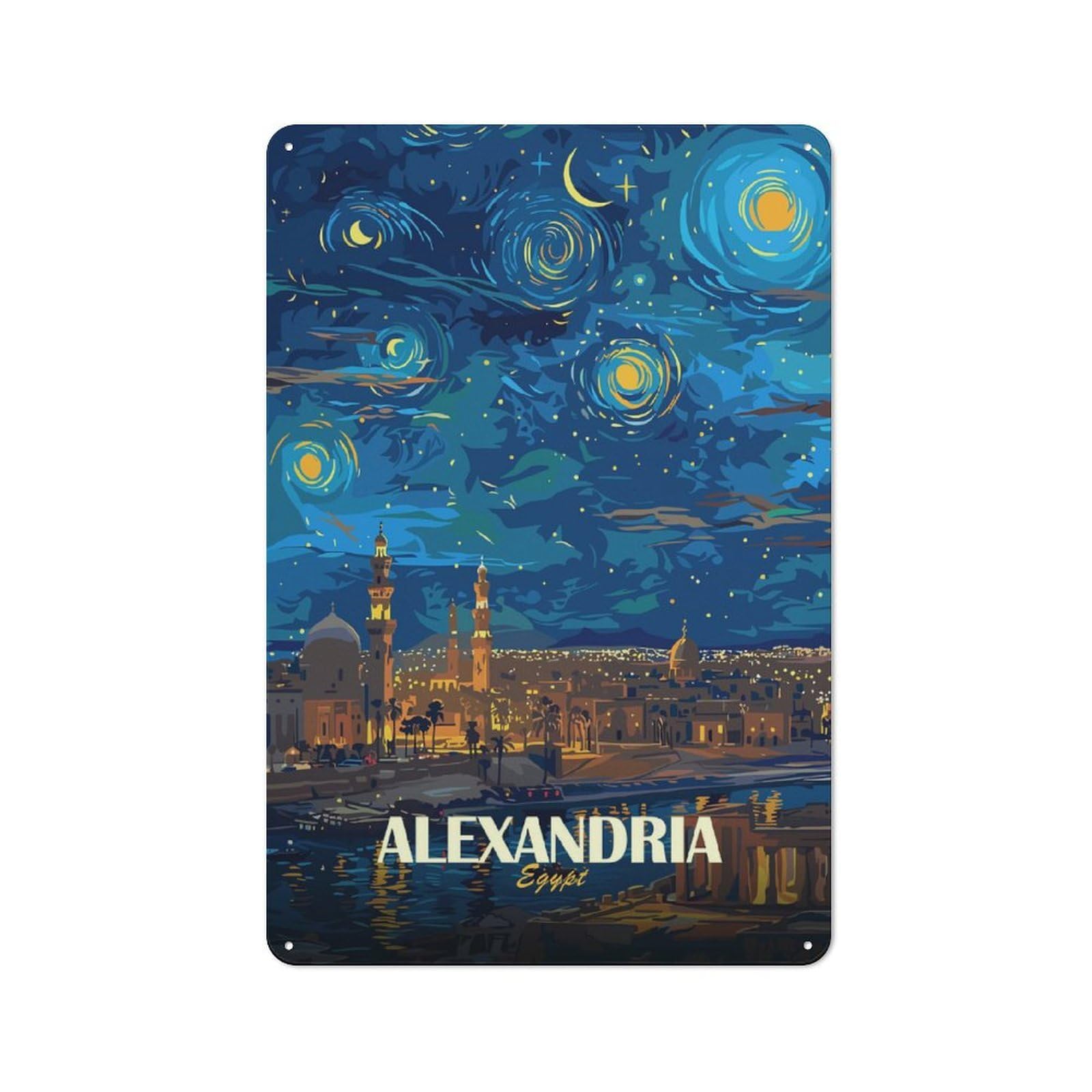 Junmoney Style-5 Metal Wall Sign 30X20cm Featuring Alexandria Egypt Starry Night Art For Hallway Wall, For Hallway Decor Lovers, For Retro Home Interiors