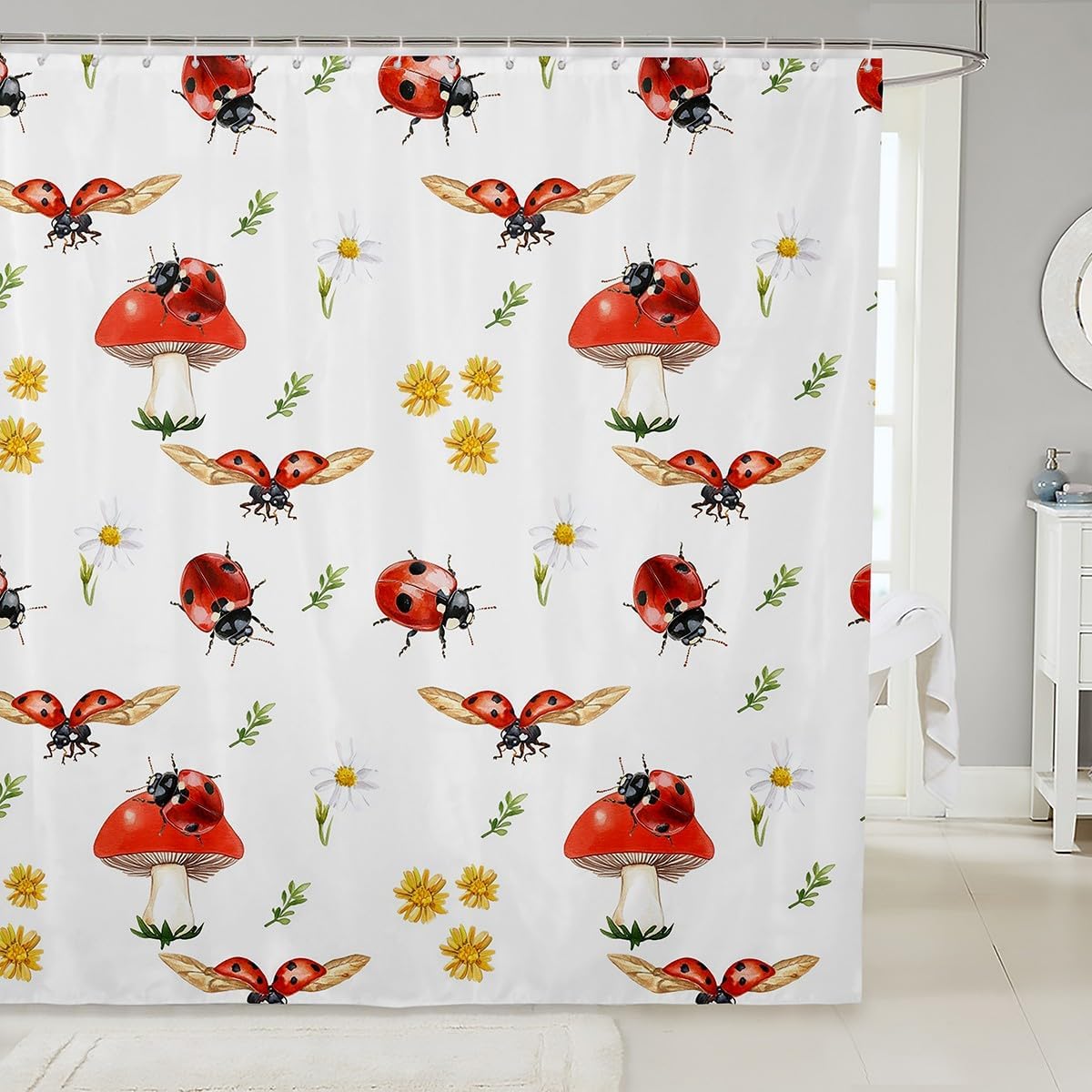 Ladybug Shower Curtain,Daisy Flower Mushroom Bathroom Curtain for Kids Boys Girls Teens Room Decor,Entomology Theme Animal Waterproof Curtain Nature Floral Plants Bath Curtain,12 Hooks,72"Wx72"L