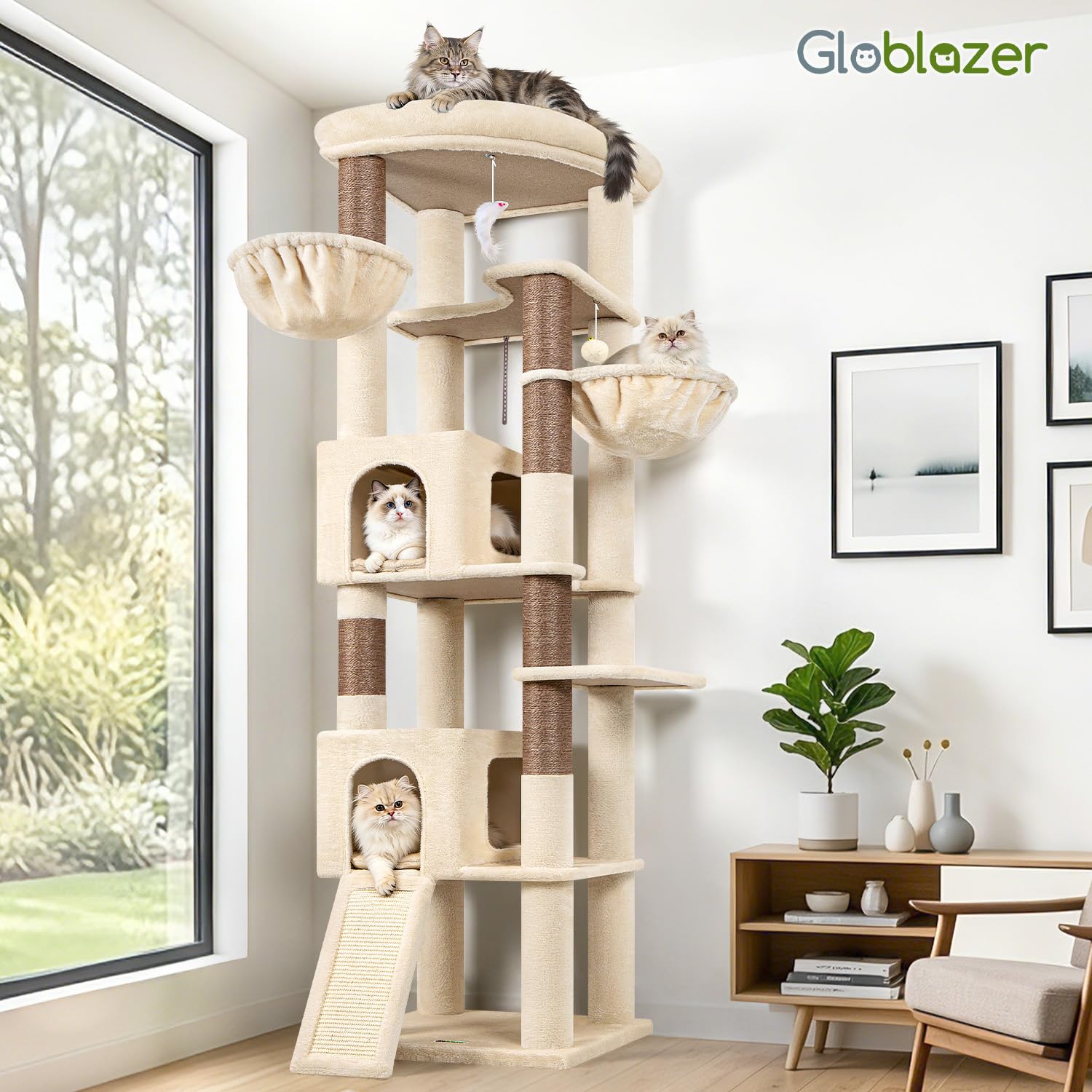Globlazer Beige Arbol Gatos XXL 204 cm con 2 Grandes Nidos 45 * 30 * 30cm, Inmenso Plataformas Acolchada, Tabla Sisal, 2 Cesta, Estable Esquinero Rascador para Gatos Descansar Rascarse (C80, Beige)
