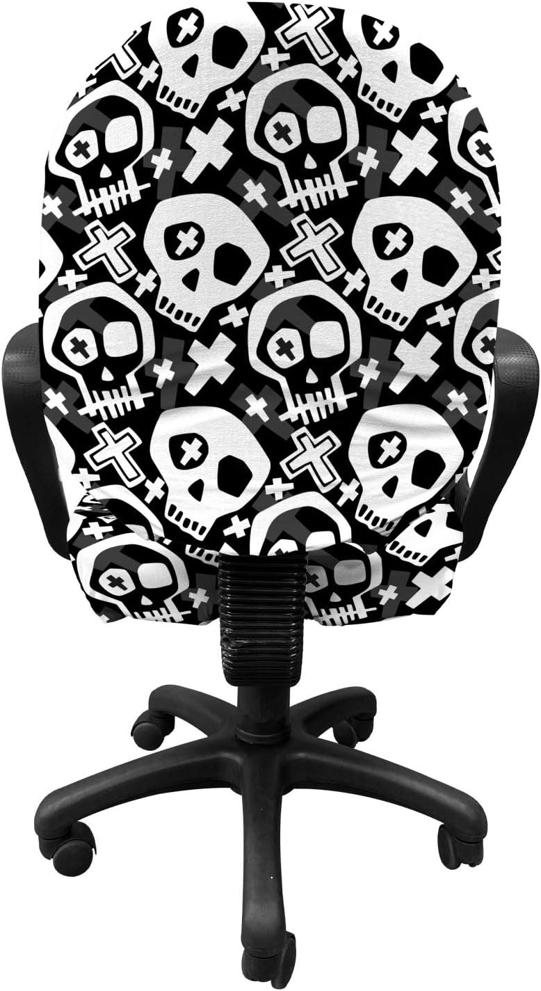 Lunarable Skull Office Chair Slipcover, Contemporary Goth Themed Continuous Pattern with Skeleton Heads, Protective Stretch Decorative Fabric Cover, Charcoal Grey Dark Grey