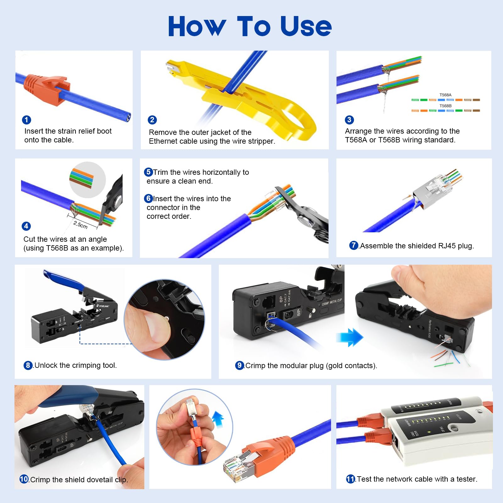 Kit Pince à Sertir RJ45 Professionnel,Connecteurs Pass-Through Cat7/Cat6a | Pince à sertir professionnelle avec testeur, dénudeur et connecteurs. Robuste et durable pour usage domestique et bureau.
