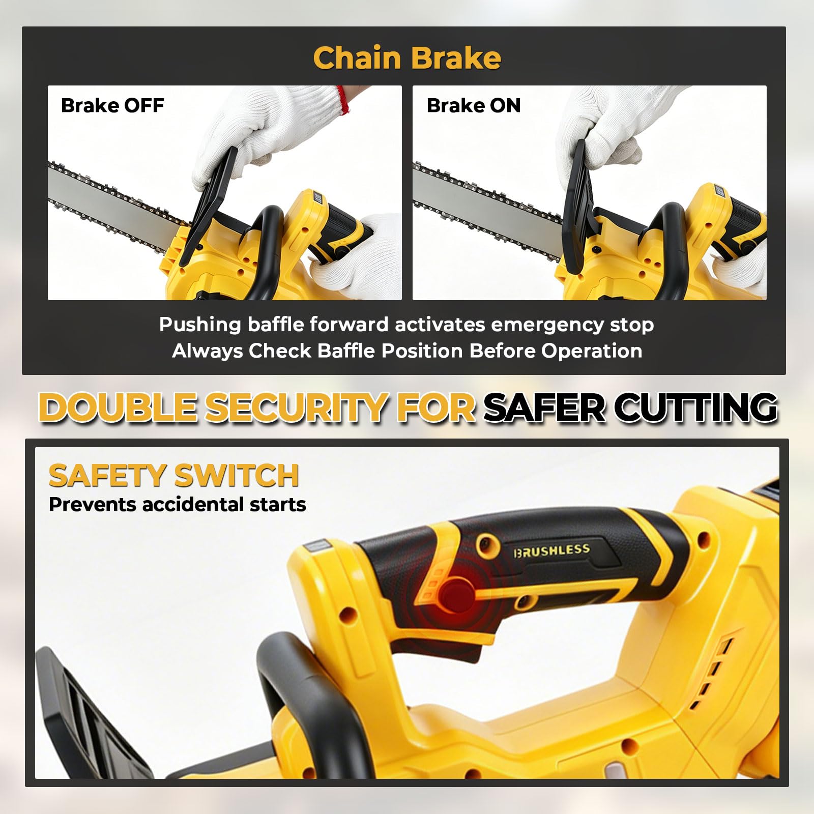 Akumulatorowa piła łańcuchowa, kompatybilna z akumulatorem DEWALT 18 V, 20 V, bezszczotkowa elektryczna piła łańcuchowa 9 m/s ze zbiornikiem oleju 75 ml, hamulec bezpieczeństwa do cięcia i przycinania