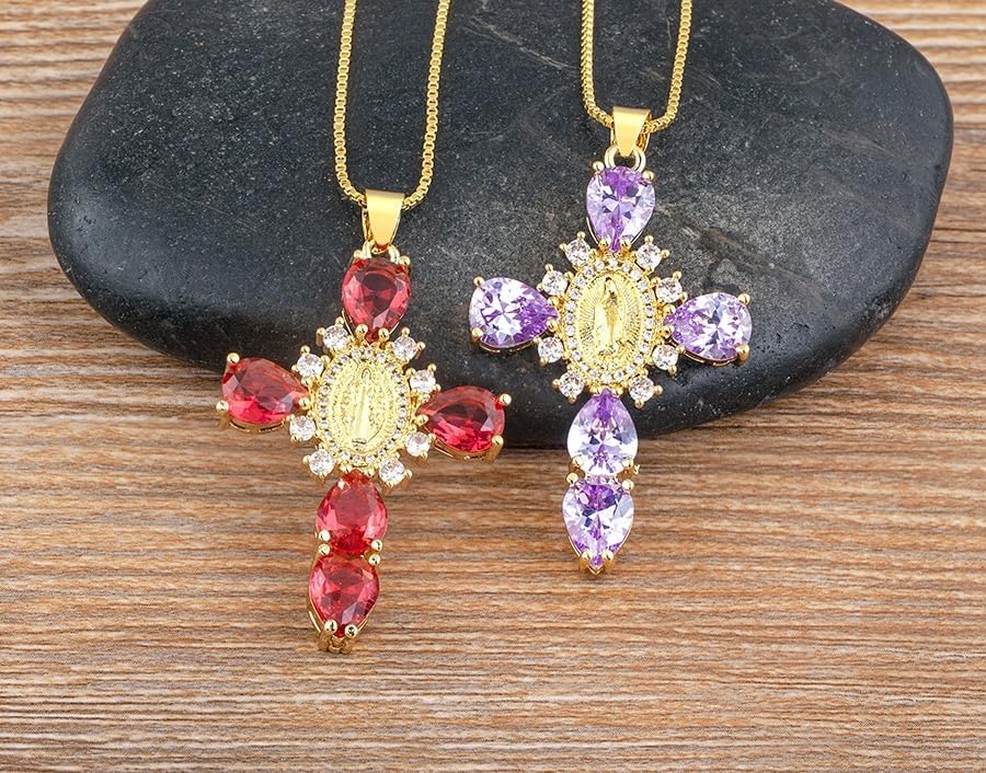 White Crystal Zircon Cross Necklace For Women Choker Charm Virgin Mary Pendant Box Chain Female Jewelry Collier Femme - Gold-color - 17.5 inch, Zinc, No Gemstone - Image 5