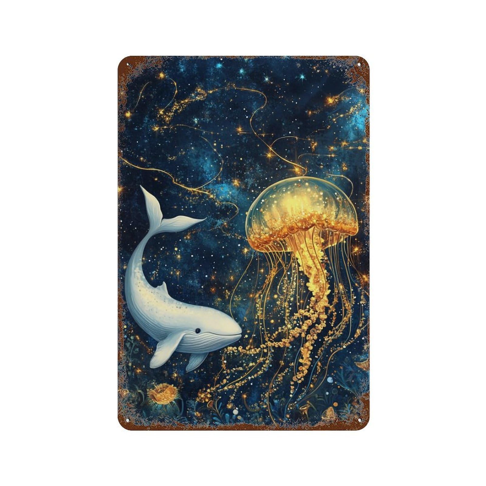 Whale And Jellyfish in Starry Ocean Vintage Metal Tin Sign 11.8"x7.9", Ideal for Shed, Workshop And Garage Wall Decor