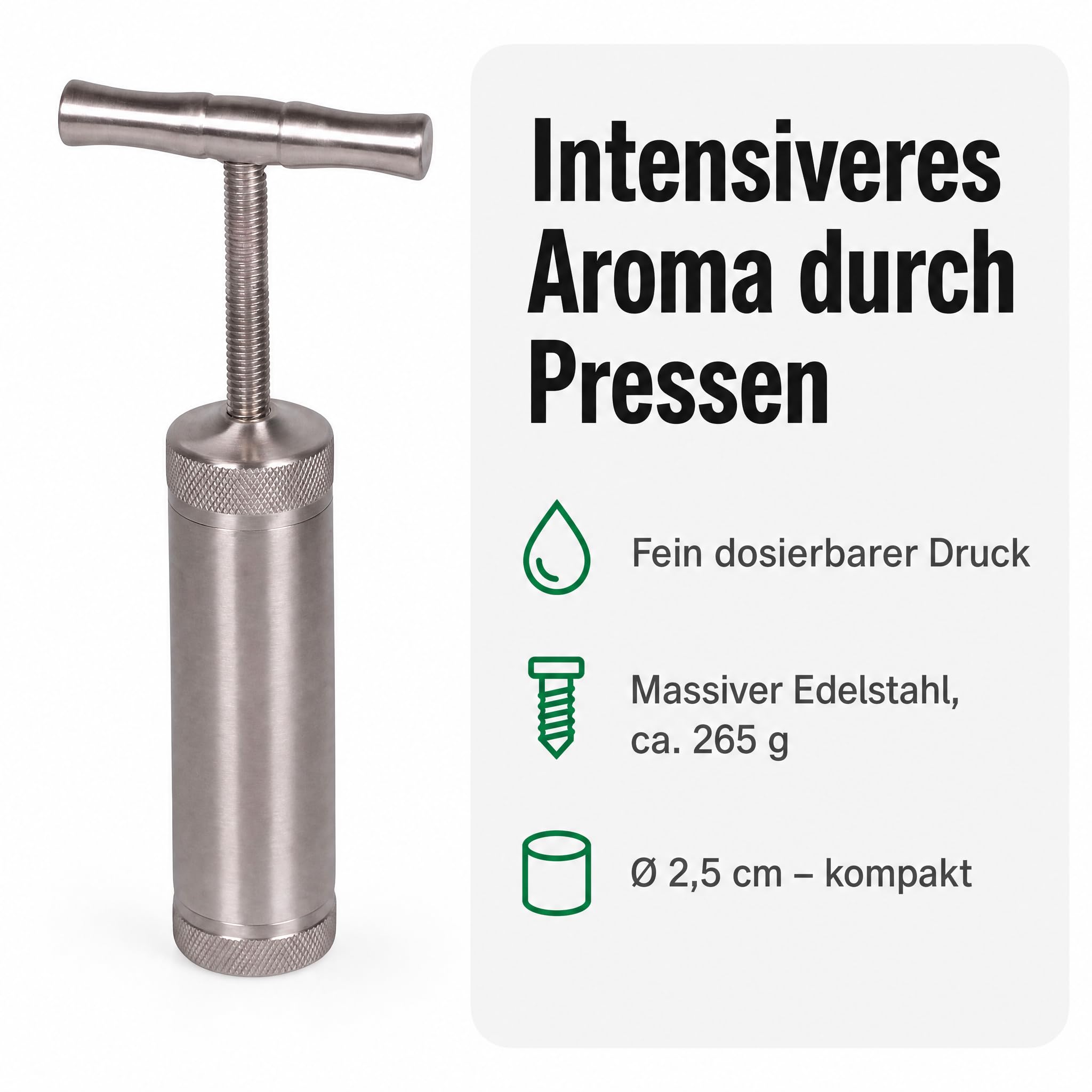 Kräuterpresse Pollenpresse T-Press aus Edelstahl, Manuelle Handpresse/Spindelpresse zum Verdichten von Kräutern, Gewürzen und Tabak, Ø 2,5 cm Presskammer, Höhe 11,5 cm, mit Aufbewahrungsbox