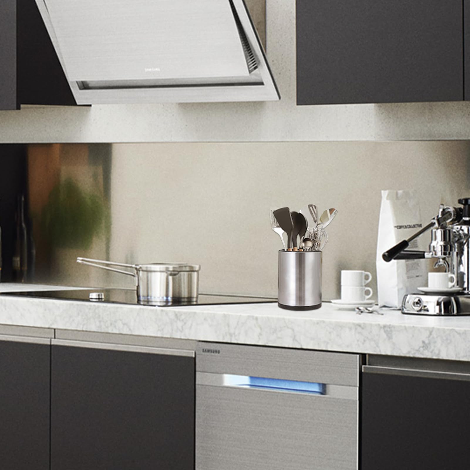 Syfunlv Contenitore per utensili, portautensili girevole a 360° in acciaio inox 8,2 x 6,7 pollici con fondo di scarico, divisorio rimovibile