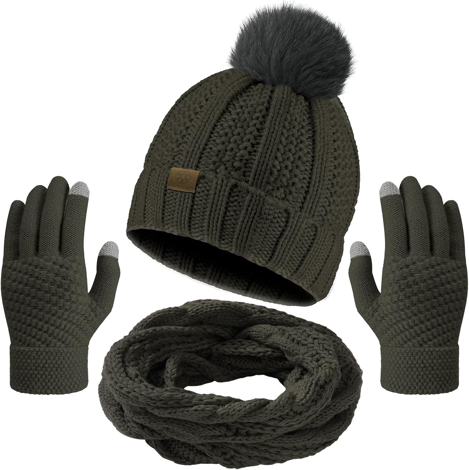 Passionbility Winter Beanie Hat Circle Scarf Touchscreen Gloves Set, Snow Knit Skull Cap, Warm Thick Fleece Lined Neck Warmer