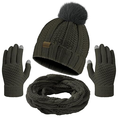 Passionbility Winter Beanie Hat Circle Scarf Touchscreen Gloves Set, Snow